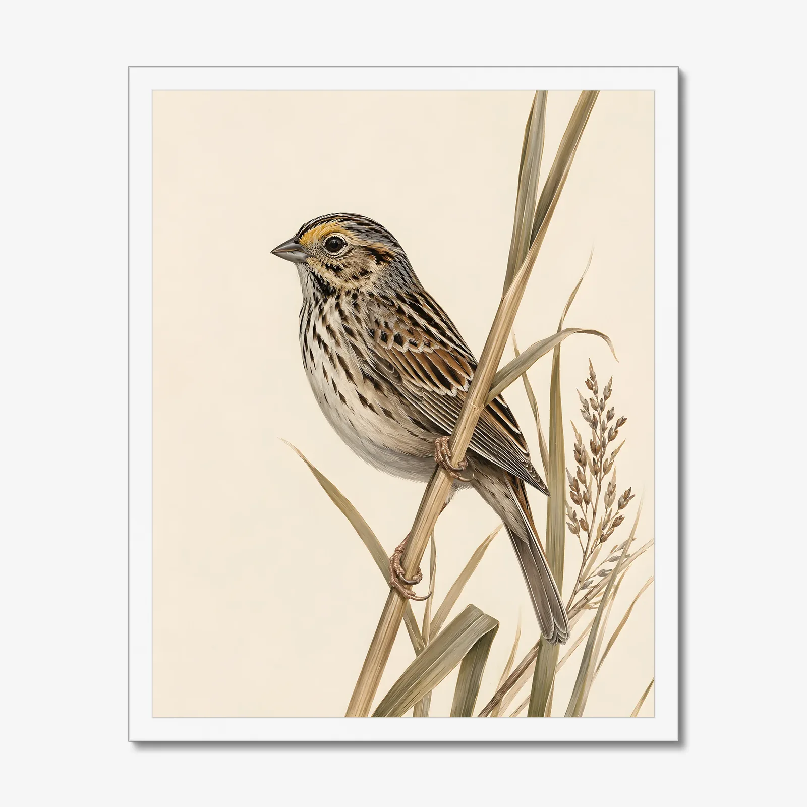 Saltmarsh Sparrow Print - Coastal Marsh Bird Art in a white frame