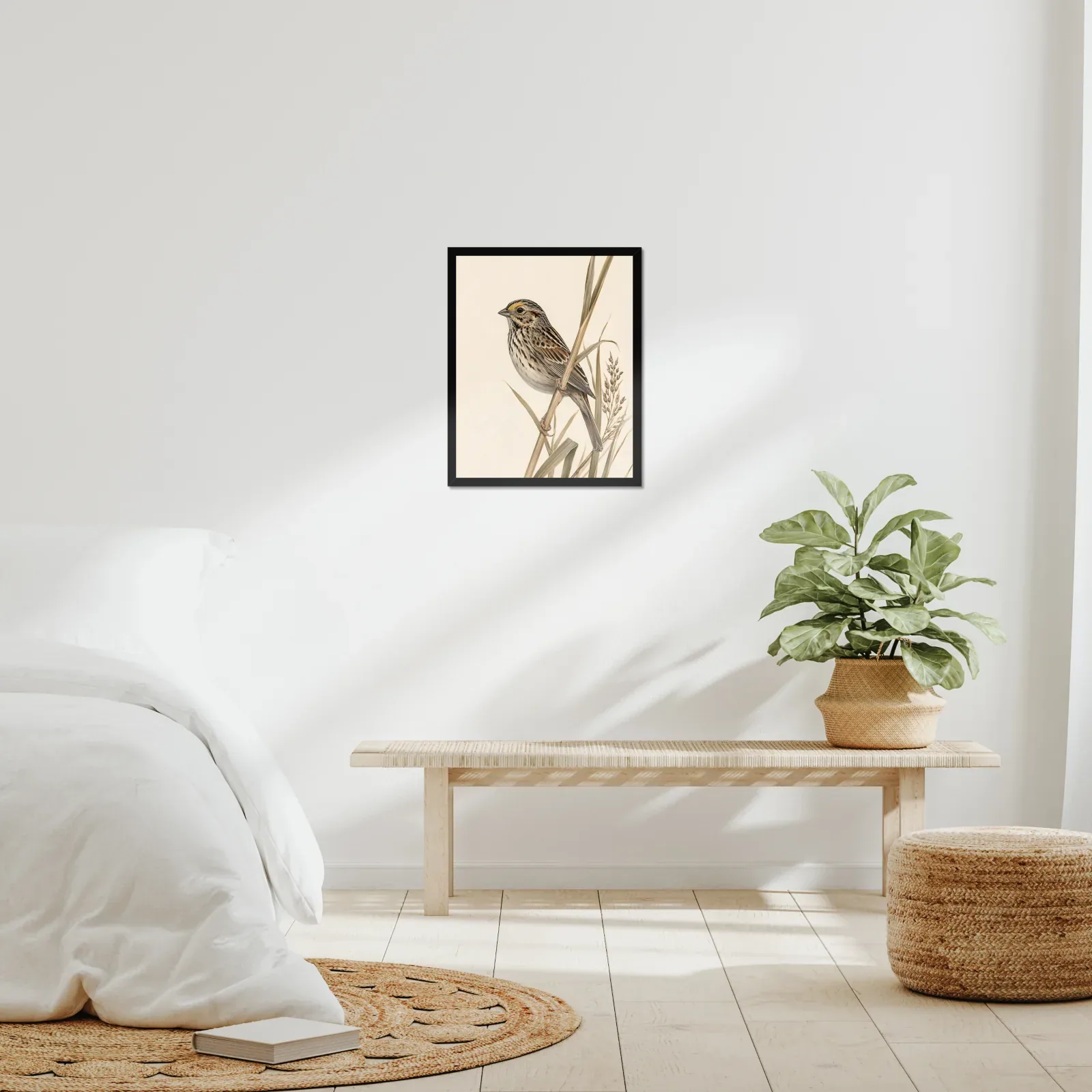 Saltmarsh Sparrow Print - Coastal Marsh Bird Art framed at 16x20 inches, shown on a wall to scale