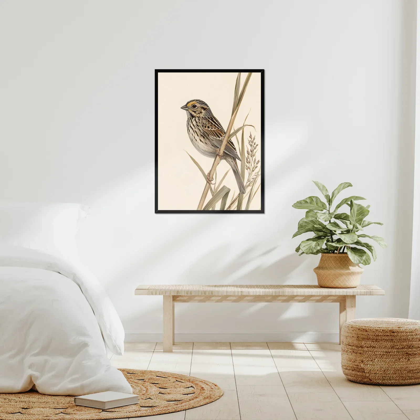 Saltmarsh Sparrow Print - Coastal Marsh Bird Art framed at 24x30 inches, shown on a wall to scale
