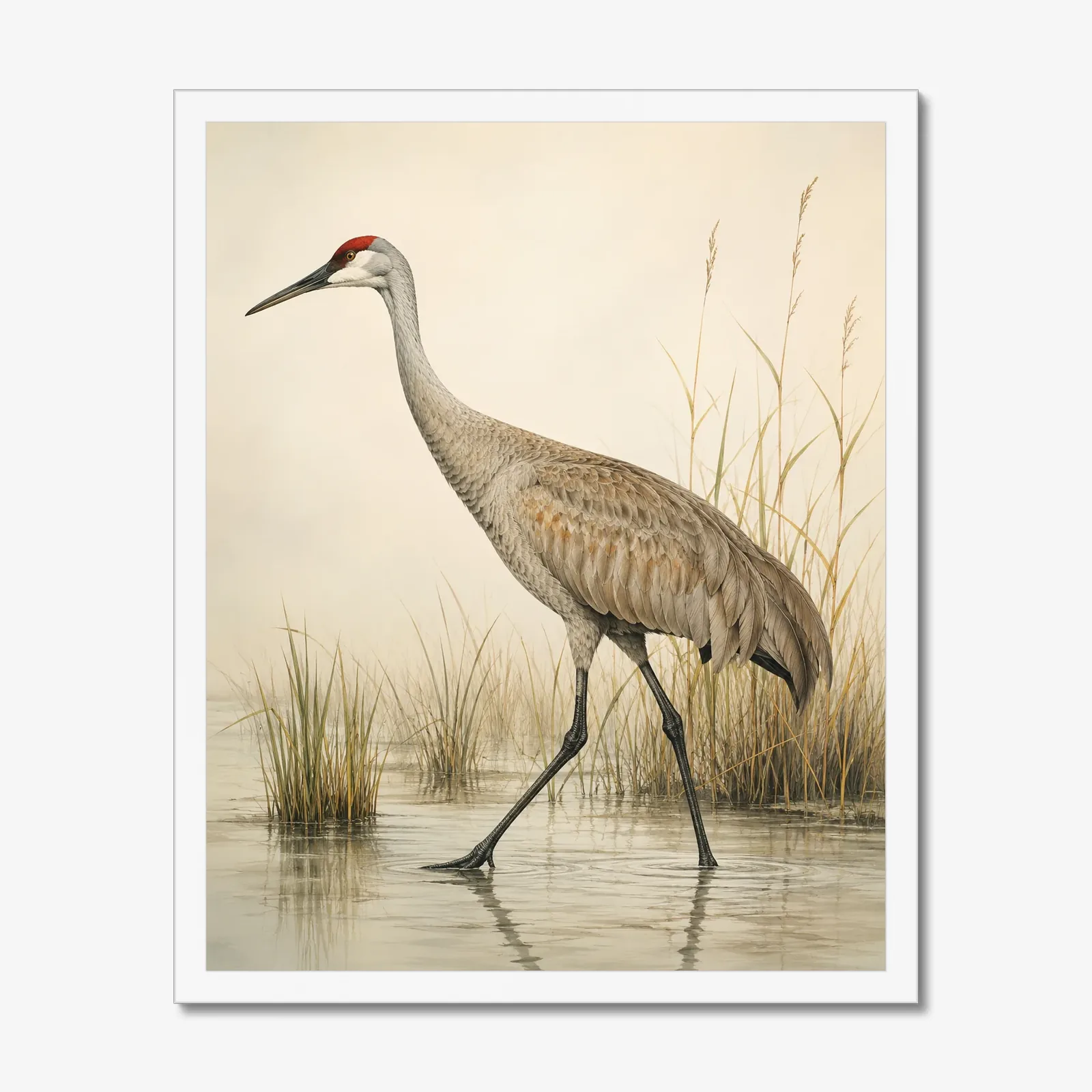 Sandhill Crane print in a white frame