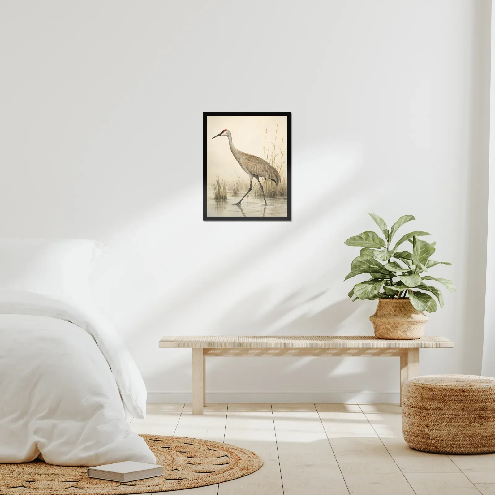 Sandhill Crane print framed at 16x20 inches, shown on a wall to scale