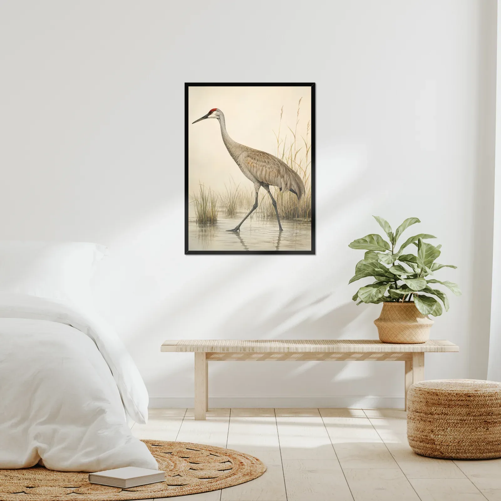 Sandhill Crane print framed at 24x30 inches, shown on a wall to scale