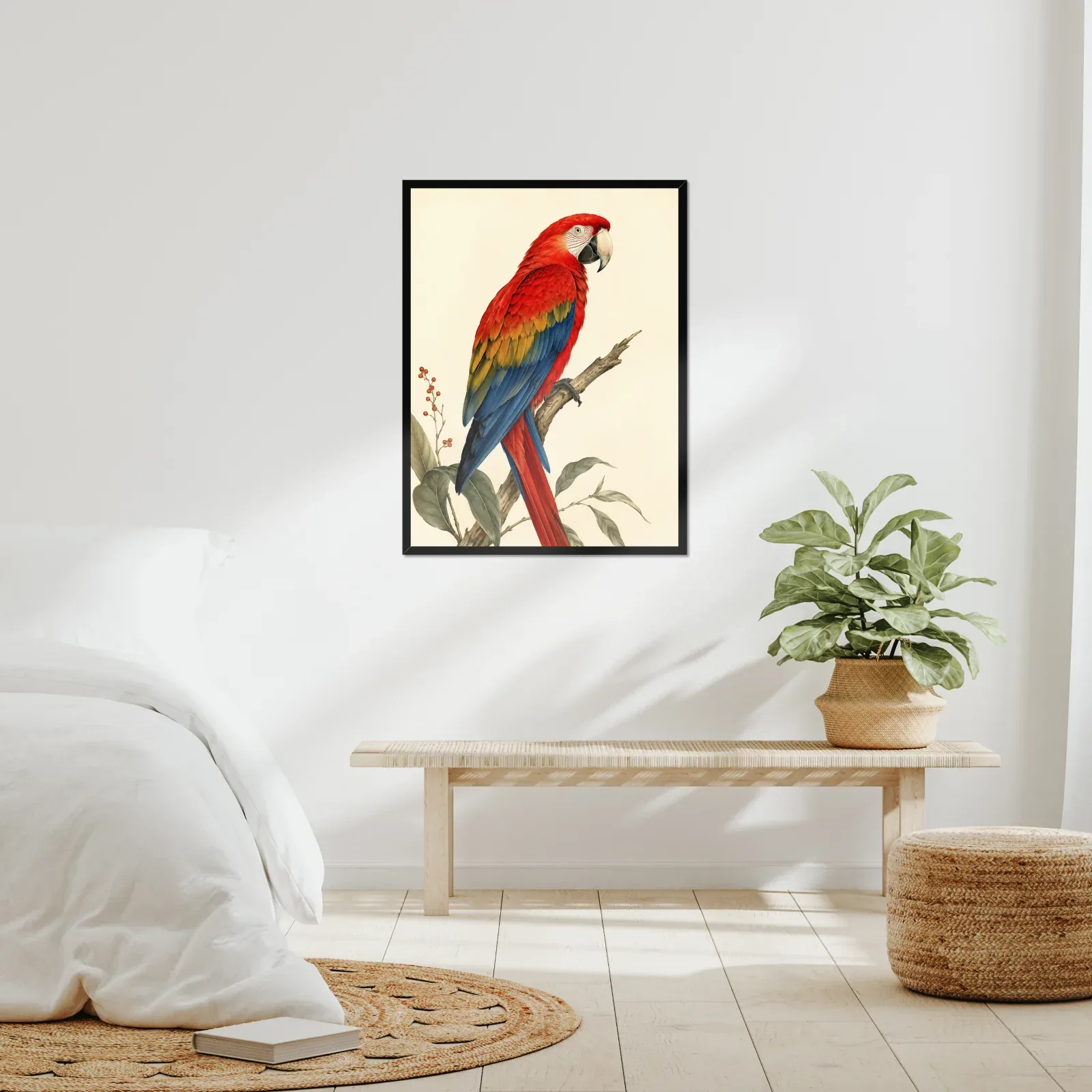 Scarlet Macaw Print framed at 24x30 inches, shown on a wall to scale