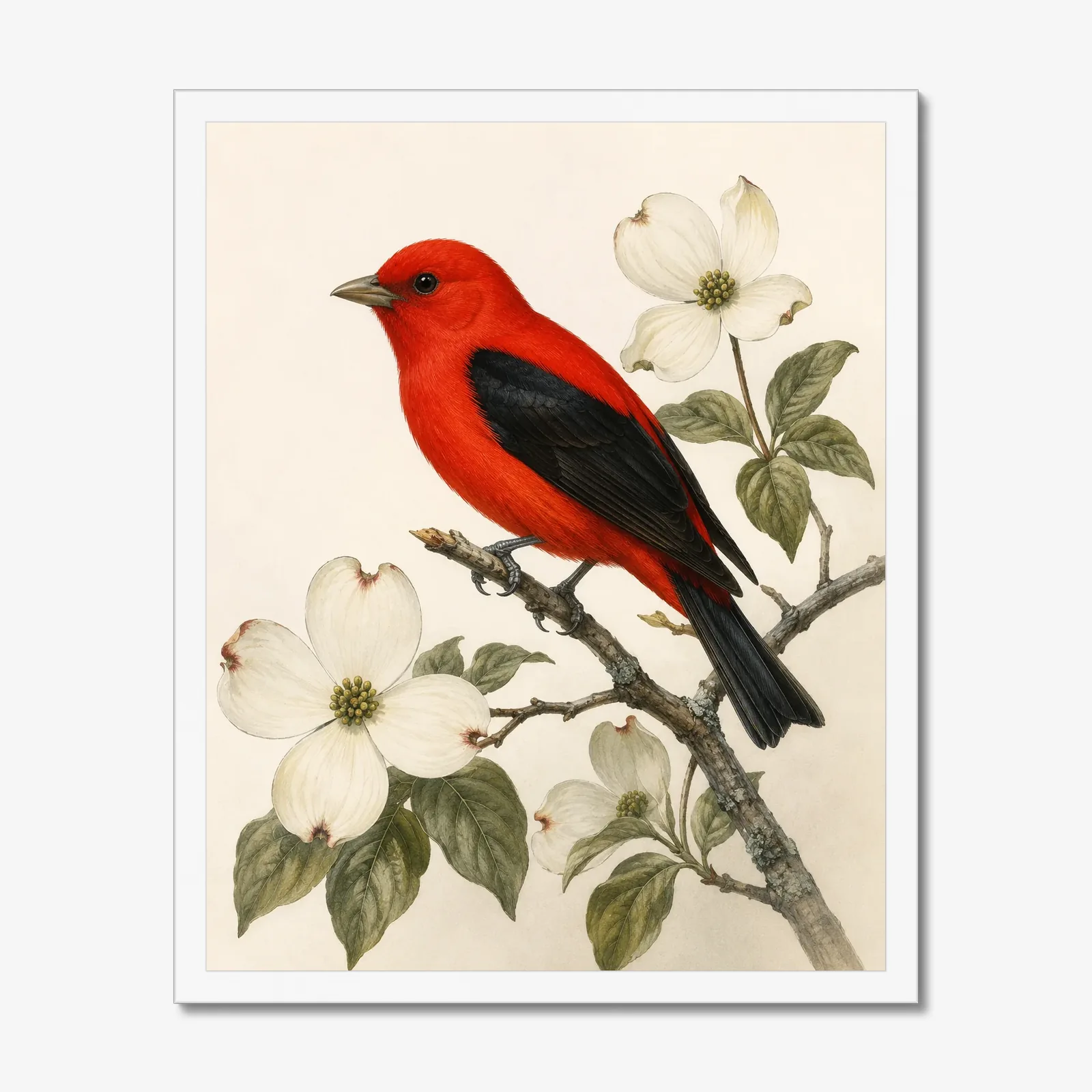 Scarlet Tanager Print in a white frame