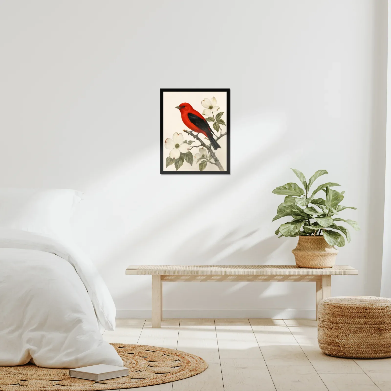 Scarlet Tanager Print framed at 16x20 inches, shown on a wall to scale
