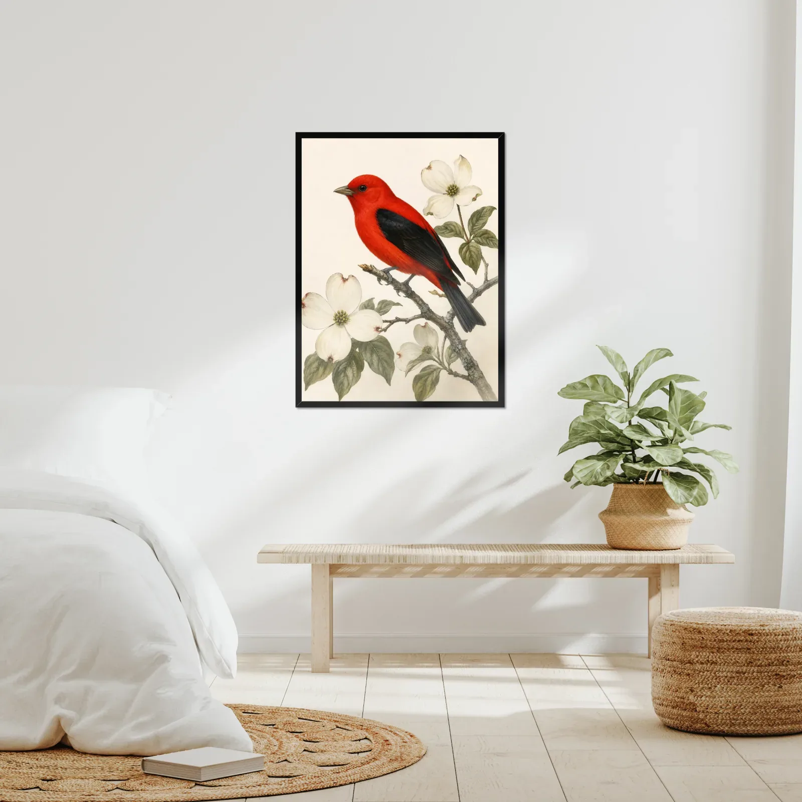 Scarlet Tanager Print framed at 24x30 inches, shown on a wall to scale
