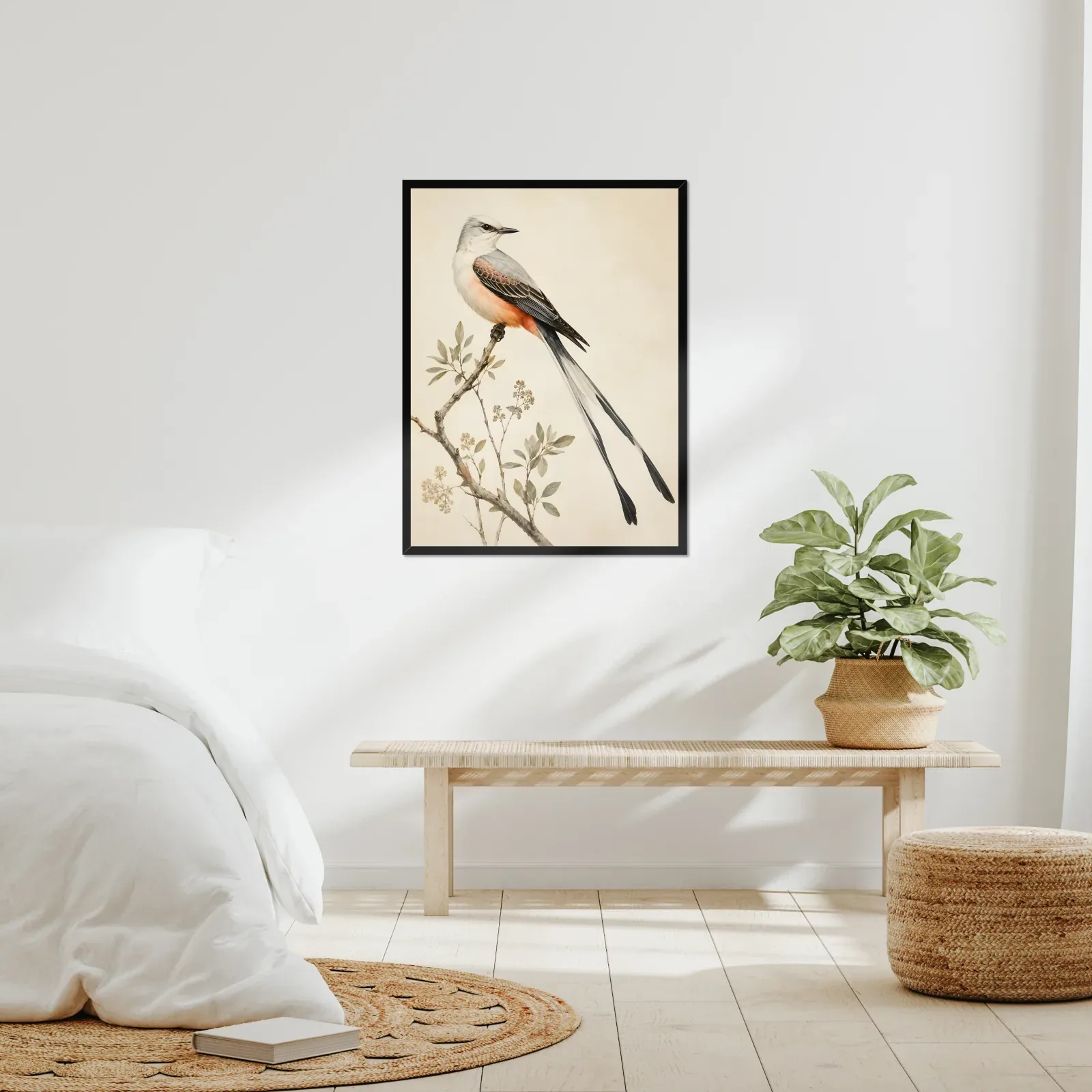 A framed bird print in a real room