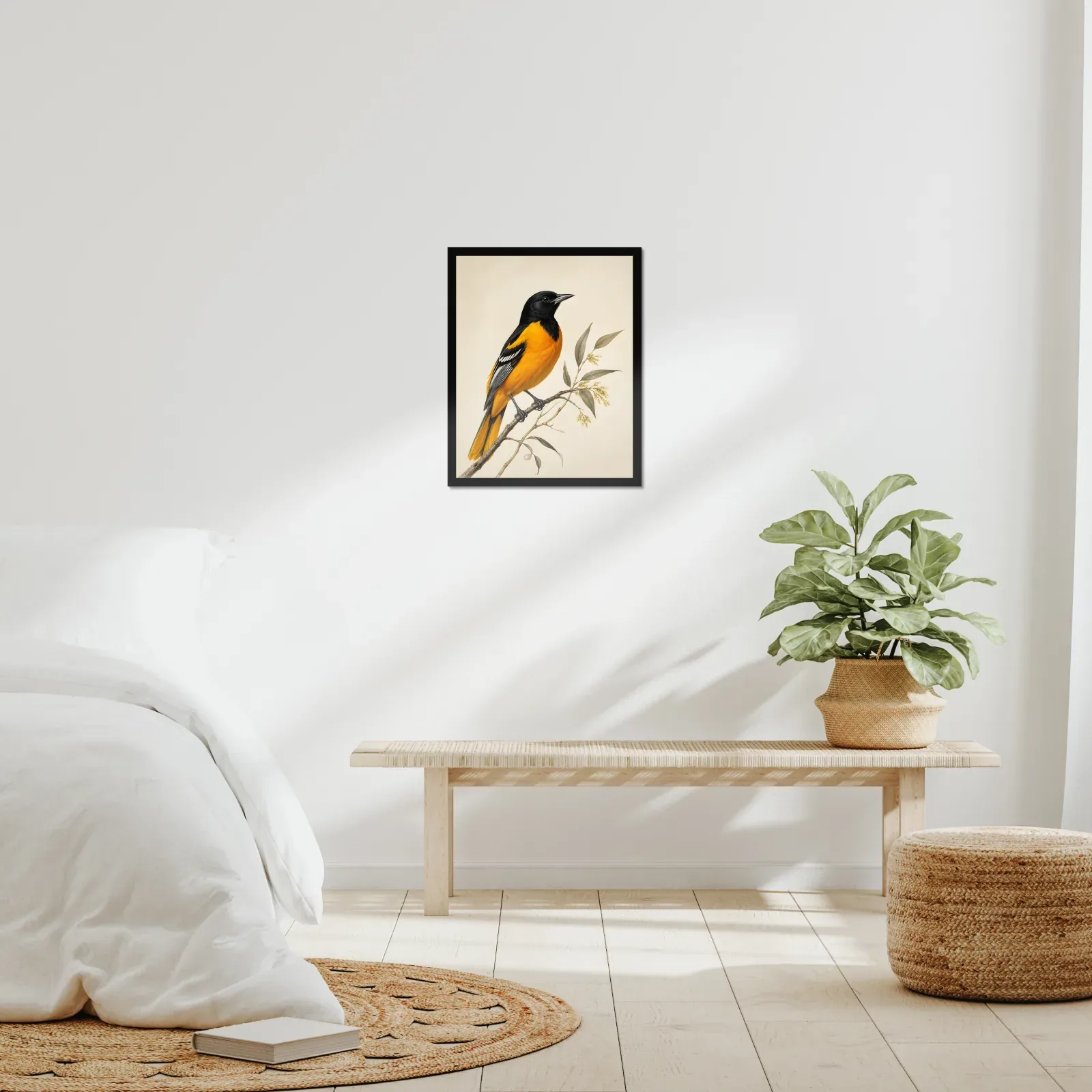 Scott's Oriole Print framed at 16x20 inches, shown on a wall to scale