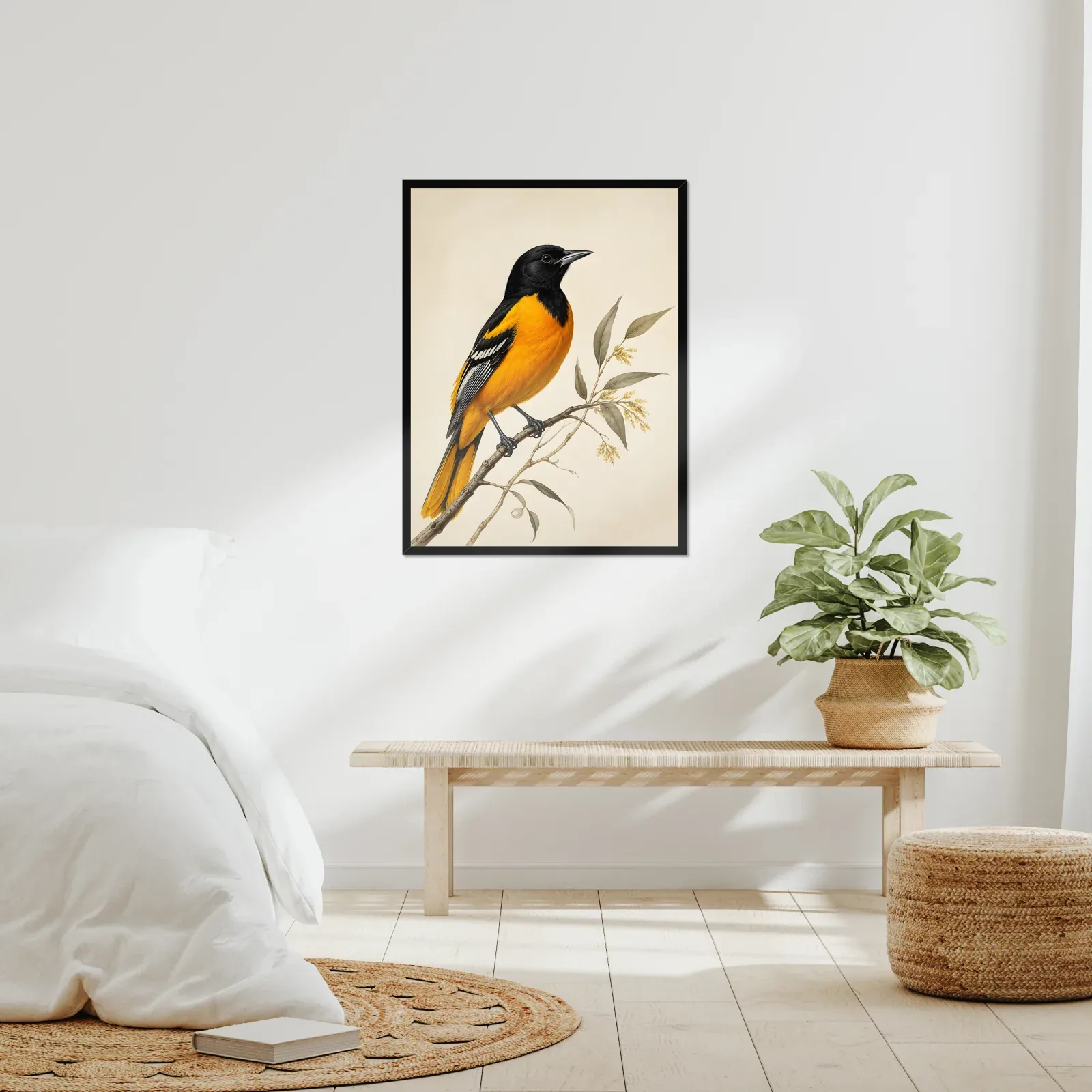 Scott's Oriole Print framed at 24x30 inches, shown on a wall to scale