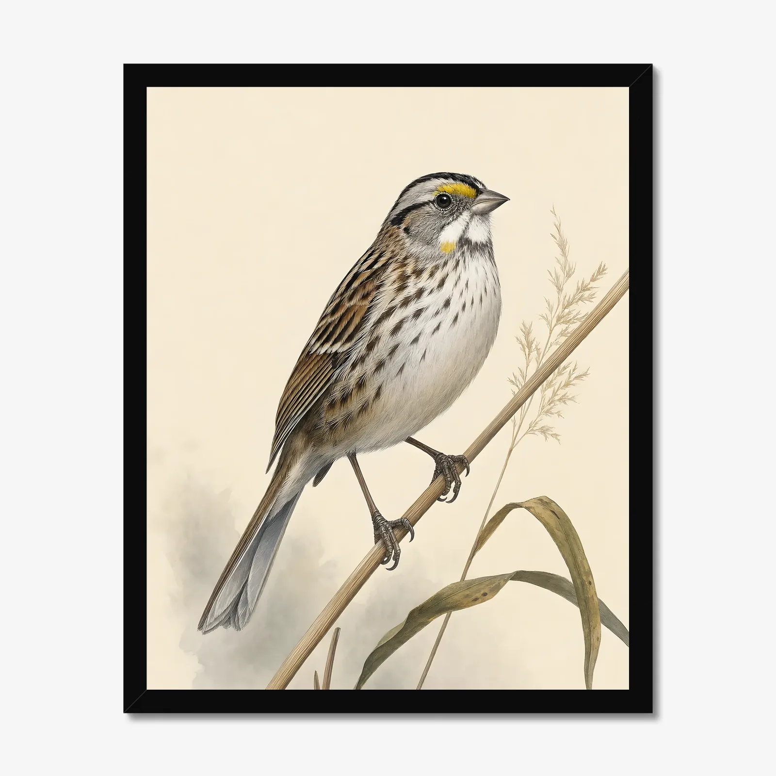 Seaside Sparrow Print - Coastal Sparrow Wall Art in a black frame