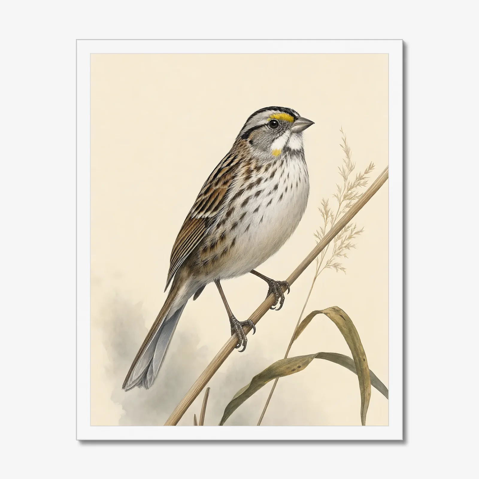 Seaside Sparrow Print - Coastal Sparrow Wall Art in a white frame