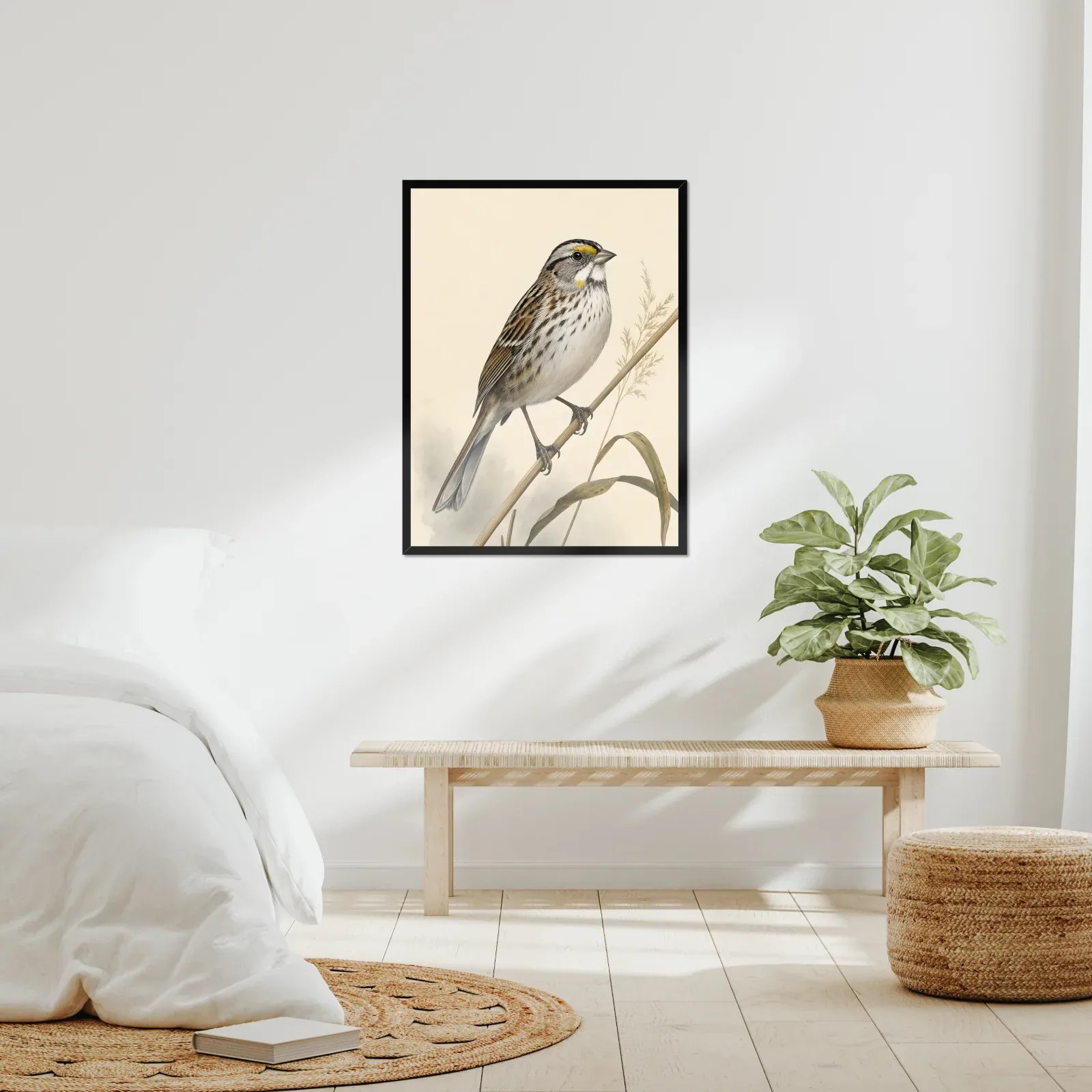 Seaside Sparrow Print - Coastal Sparrow Wall Art framed at 24x30 inches, shown on a wall to scale