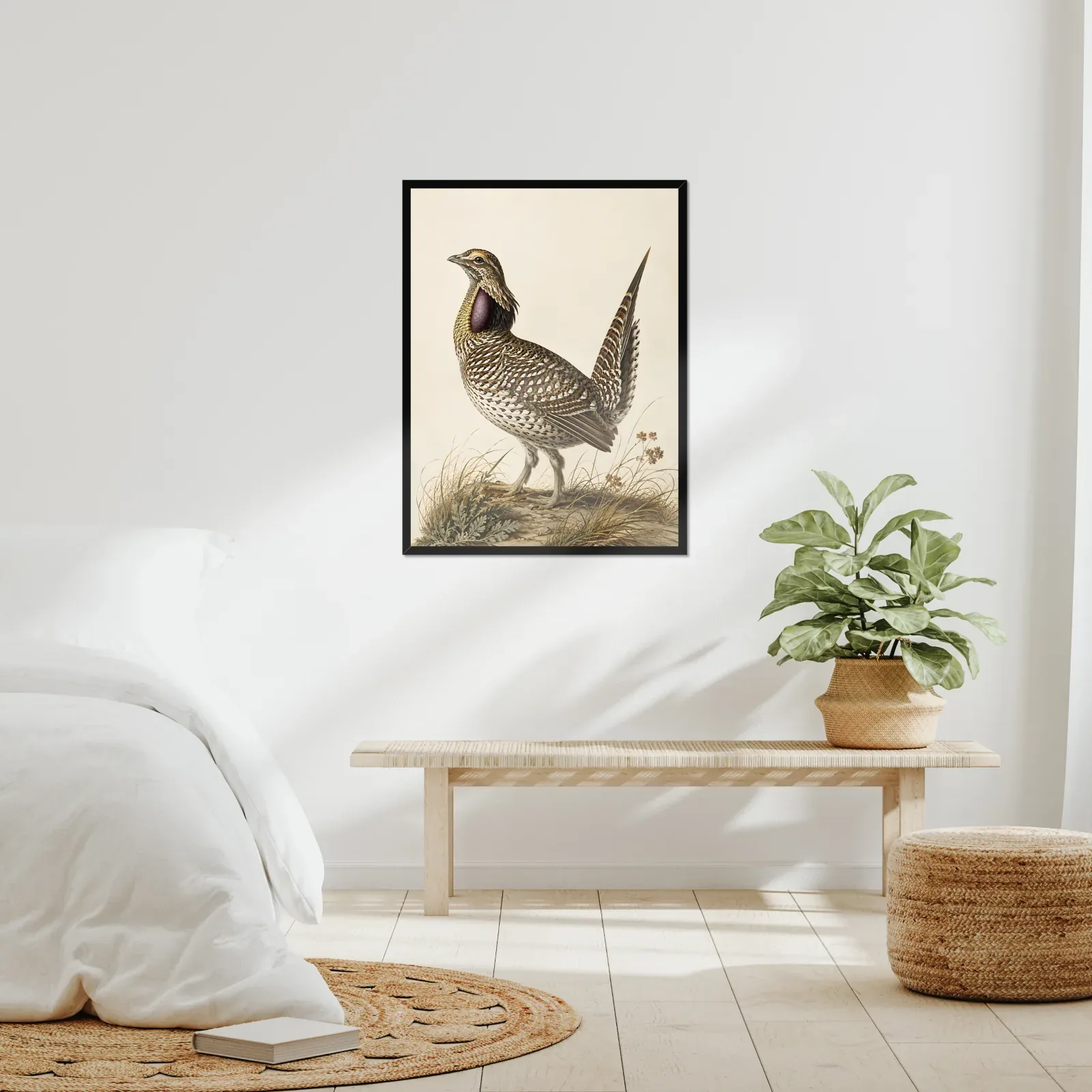 Sharp Tailed Grouse Print framed at 24x30 inches, shown on a wall to scale