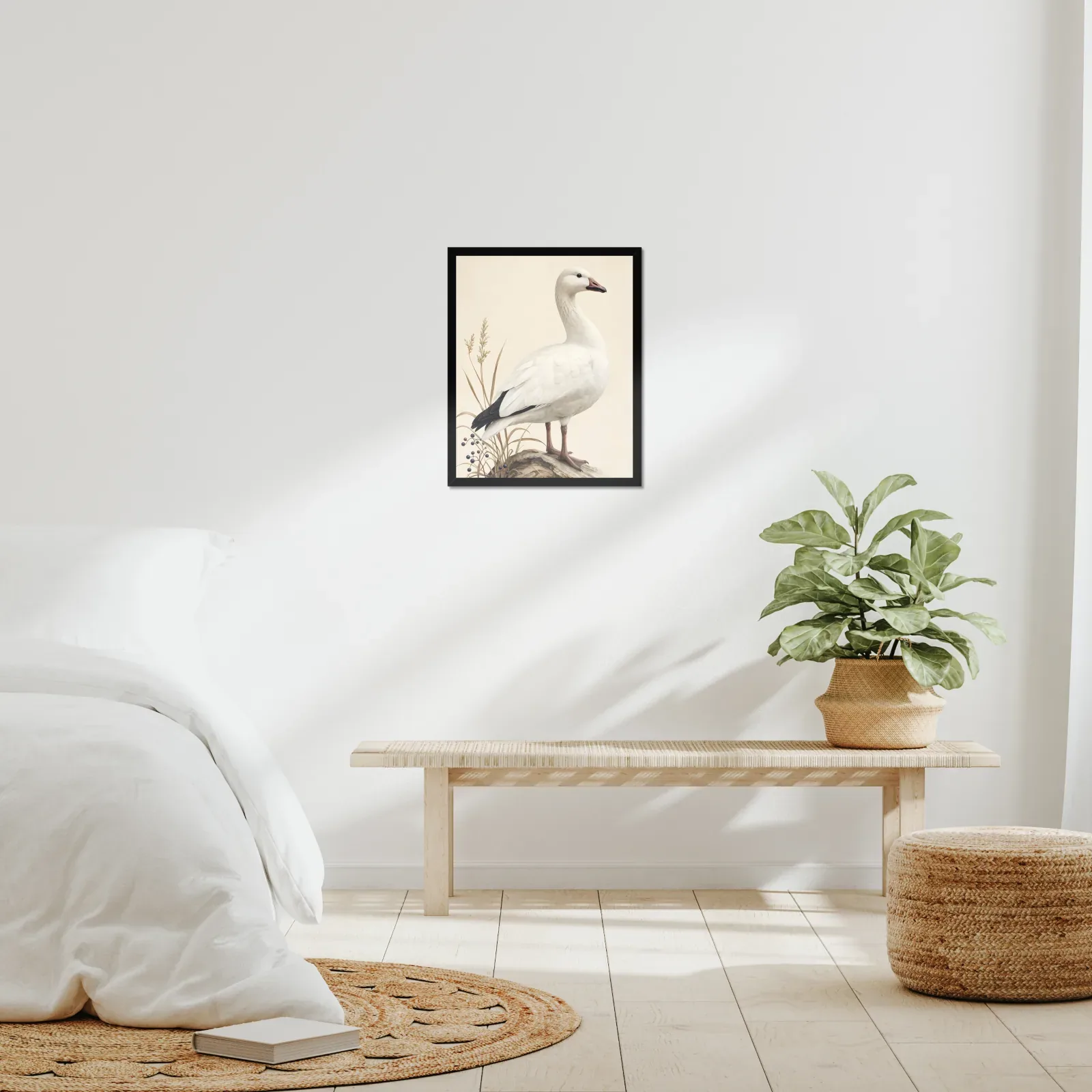 Snow Goose Print framed at 16x20 inches, shown on a wall to scale