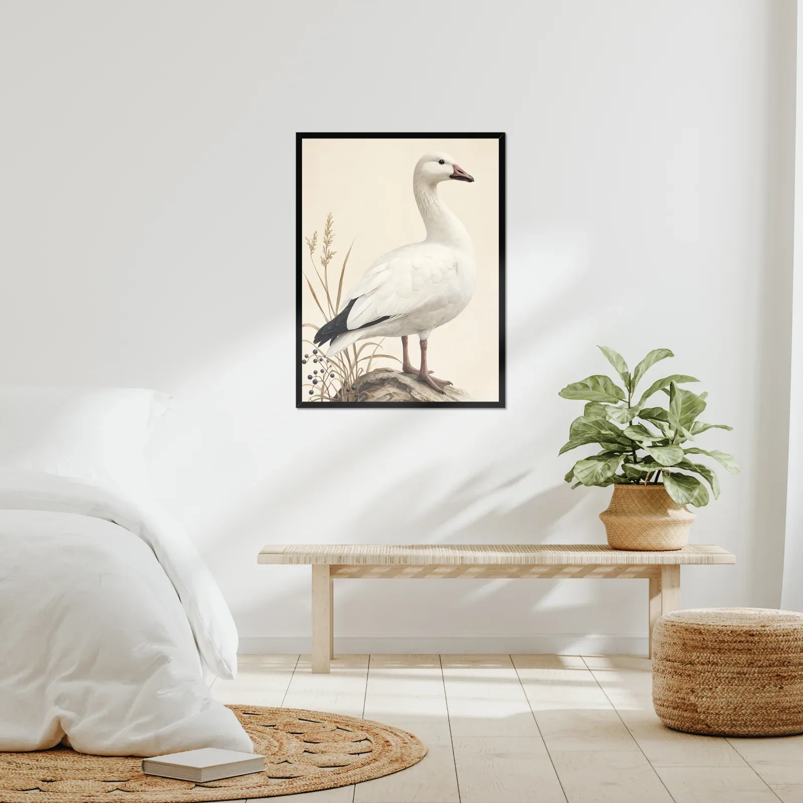 Snow Goose Print framed at 24x30 inches, shown on a wall to scale