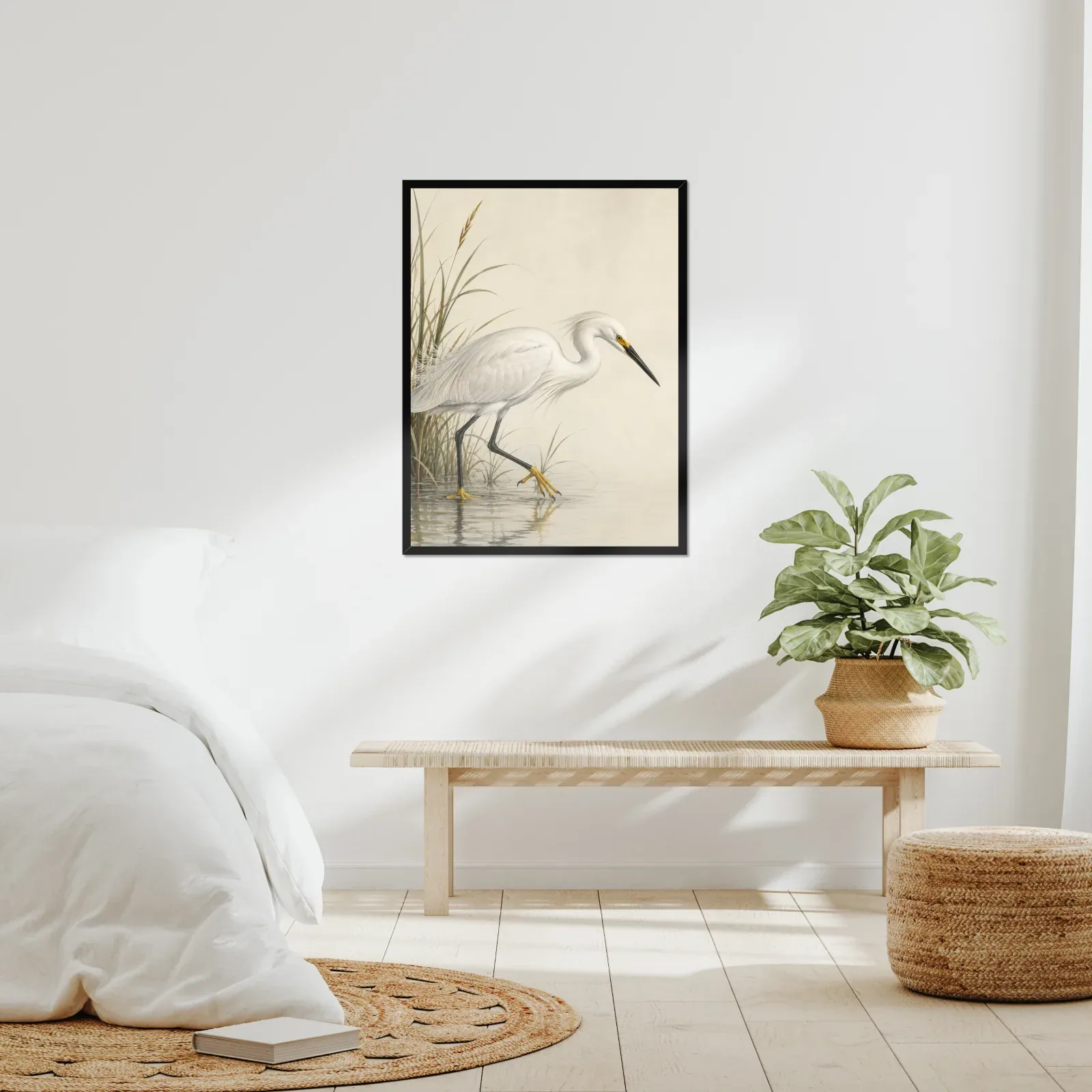 Snowy Egret print framed at 24x30 inches, shown on a wall to scale