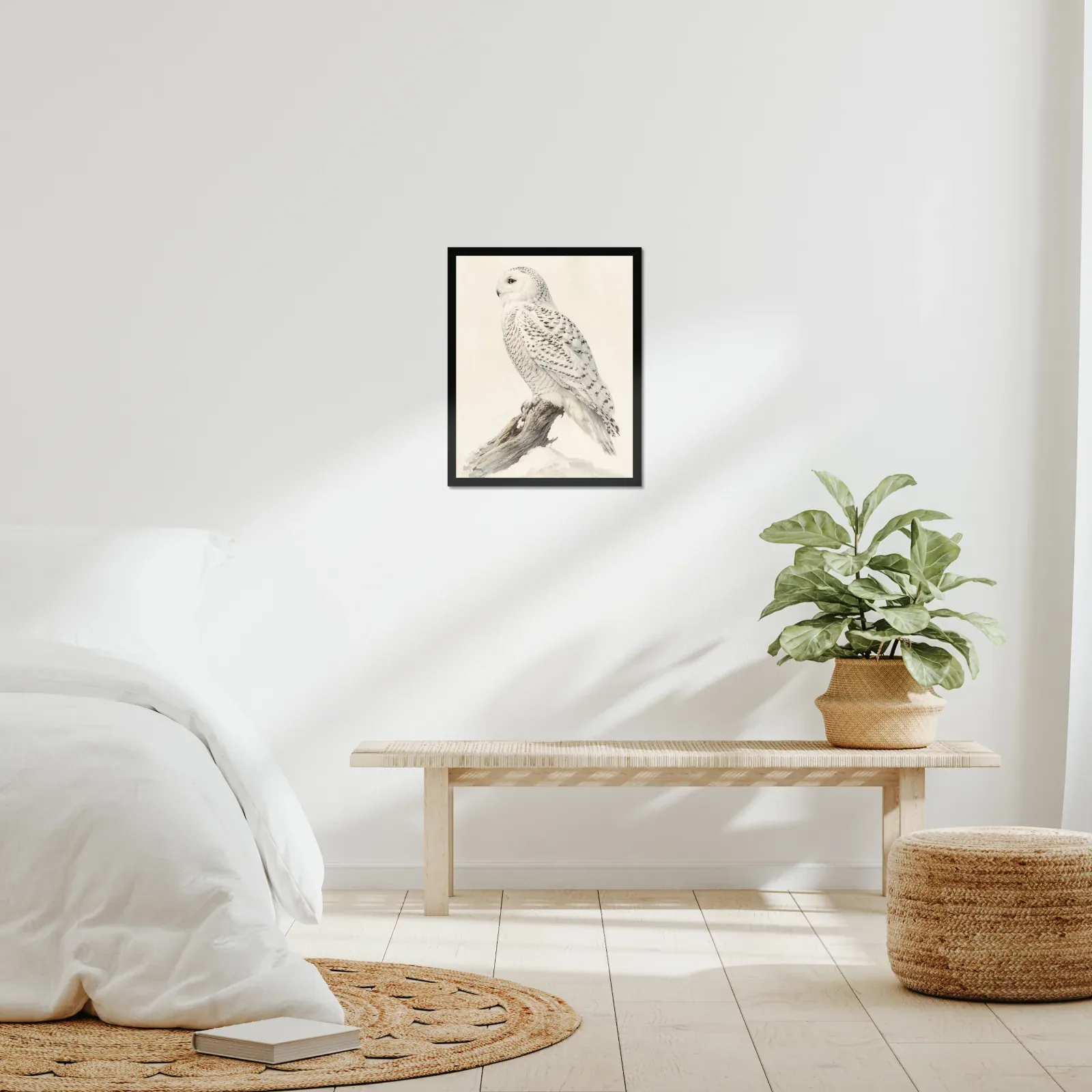 Snowy Owl Print framed at 16x20 inches, shown on a wall to scale