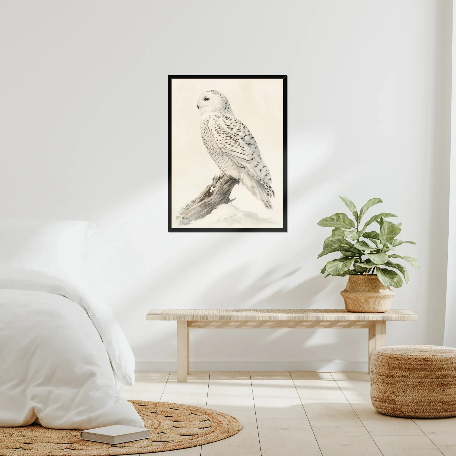 Snowy Owl Print framed at 24x30 inches, shown on a wall to scale