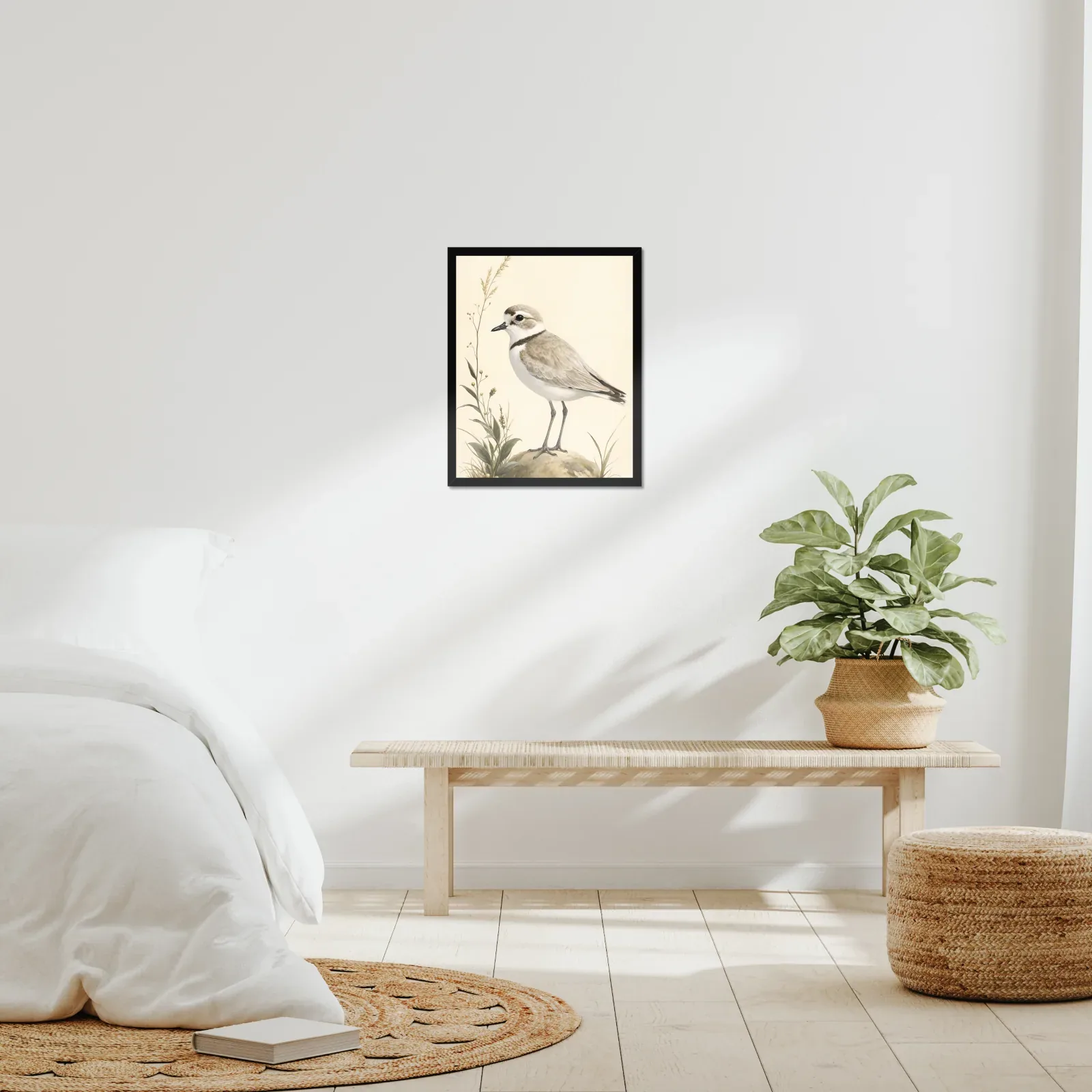 Snowy Plover Print framed at 16x20 inches, shown on a wall to scale