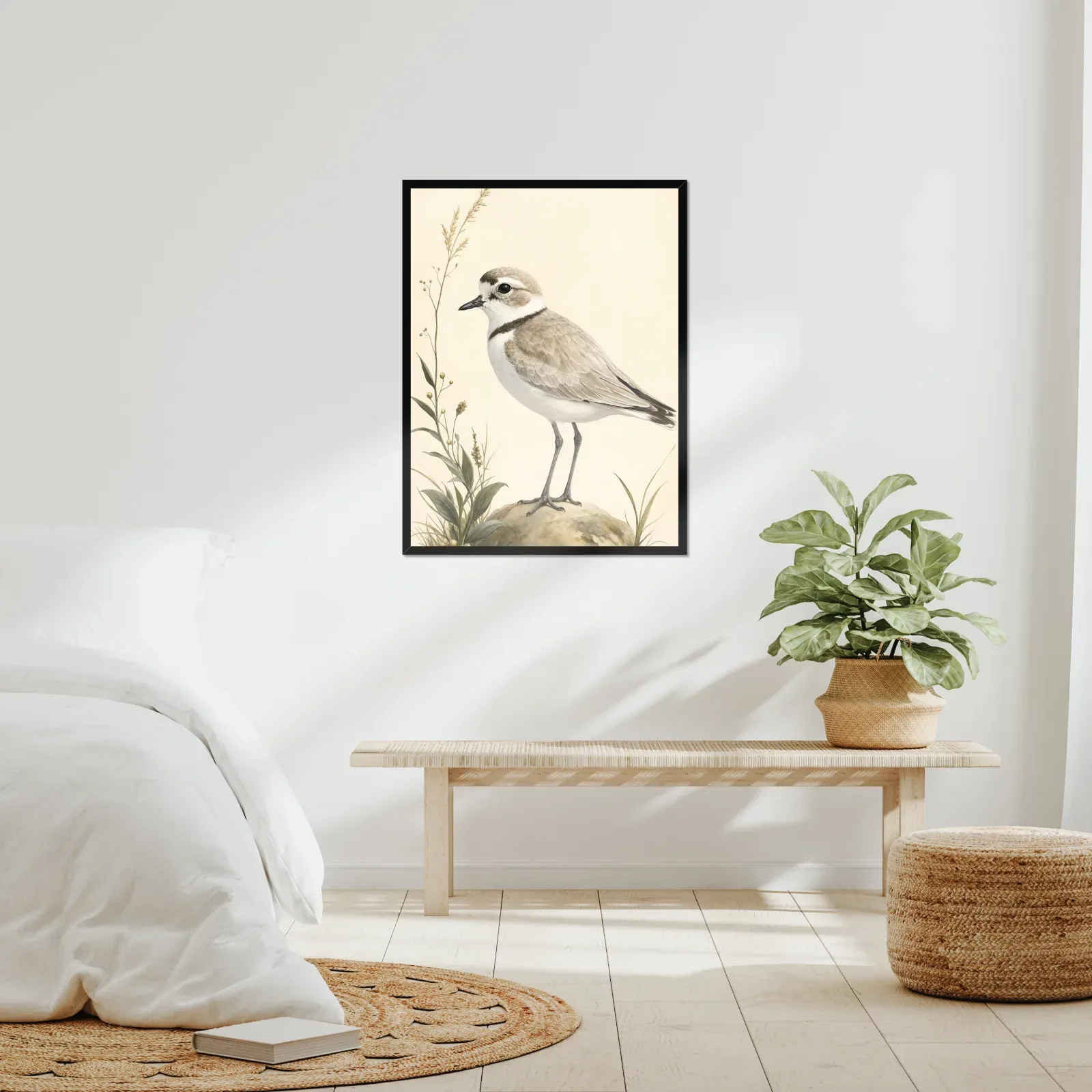 Snowy Plover Print framed at 24x30 inches, shown on a wall to scale