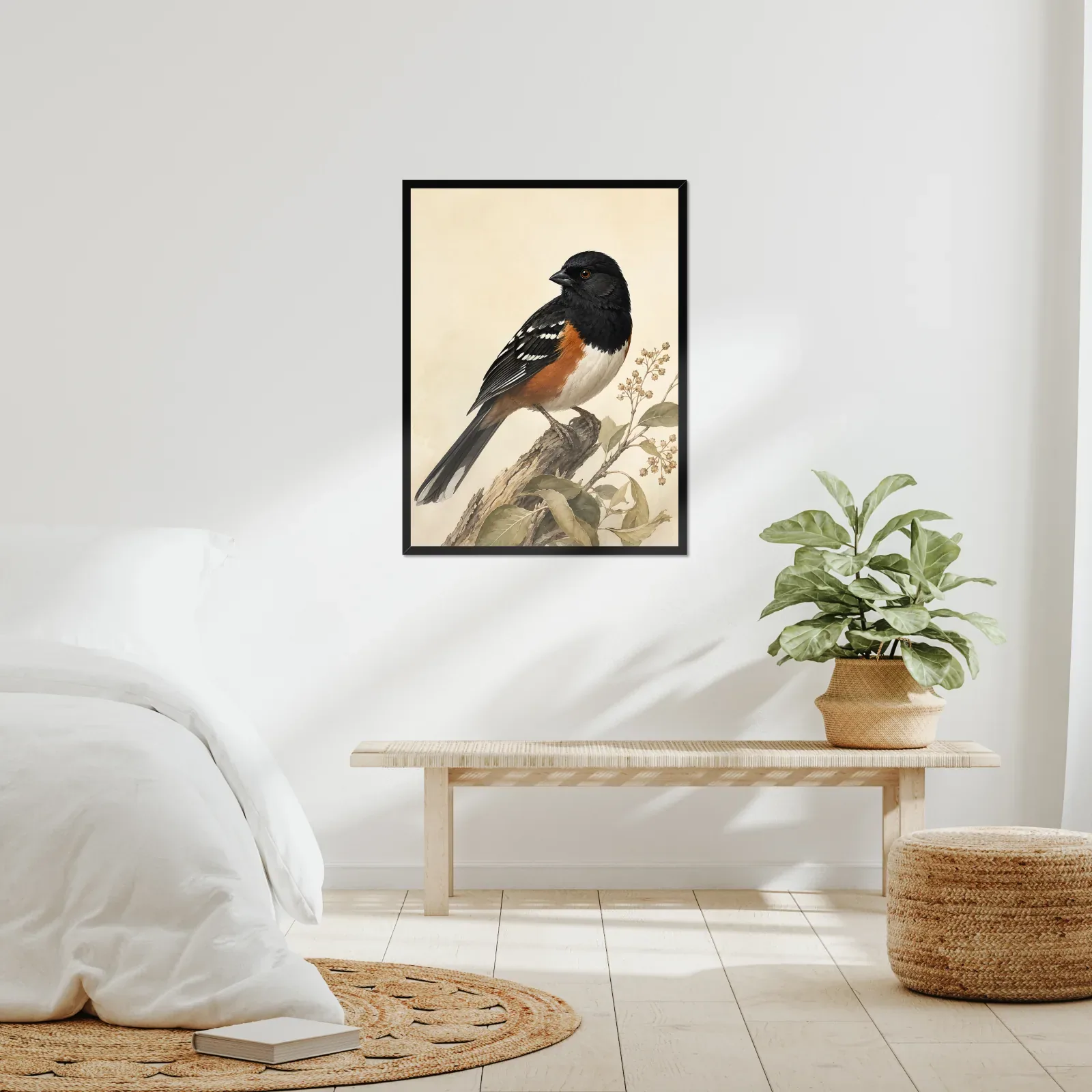 Spotted Towhee Print - Western Bird Fine Art Print framed at 24x30 inches, shown on a wall to scale