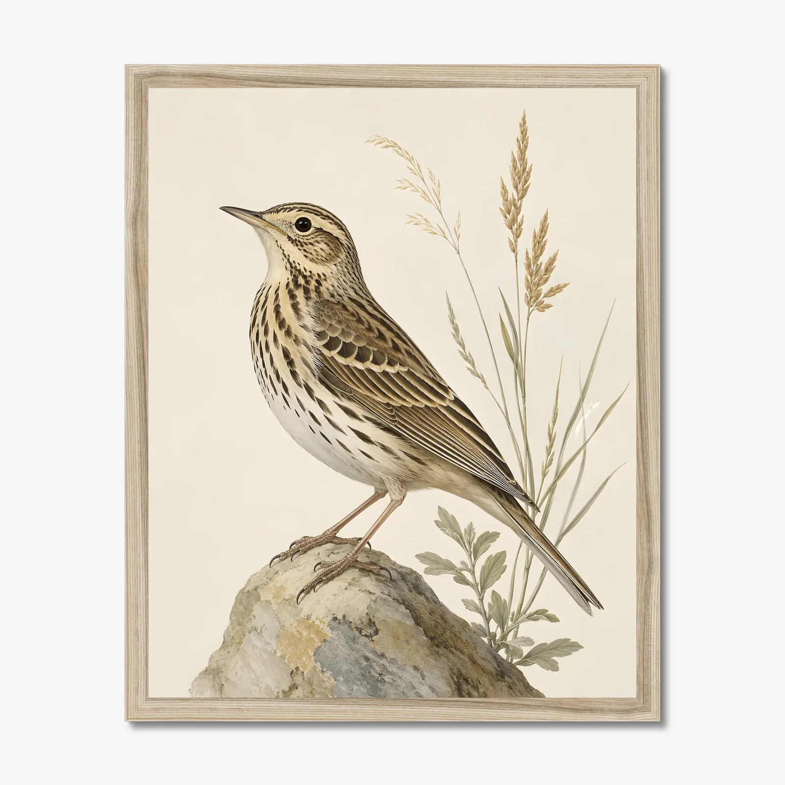 Sprague's Pipit Print in a natural frame