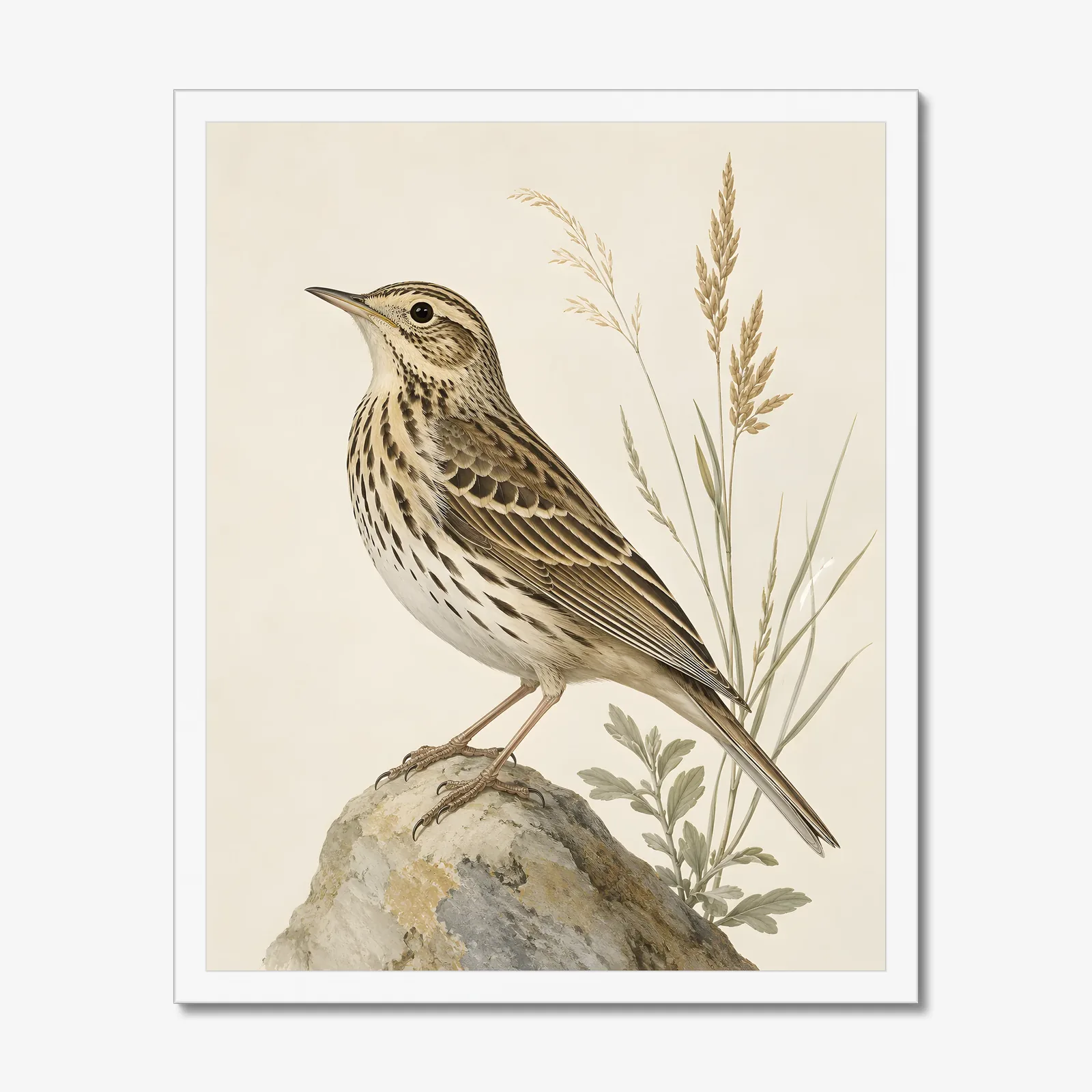 Sprague's Pipit Print in a white frame