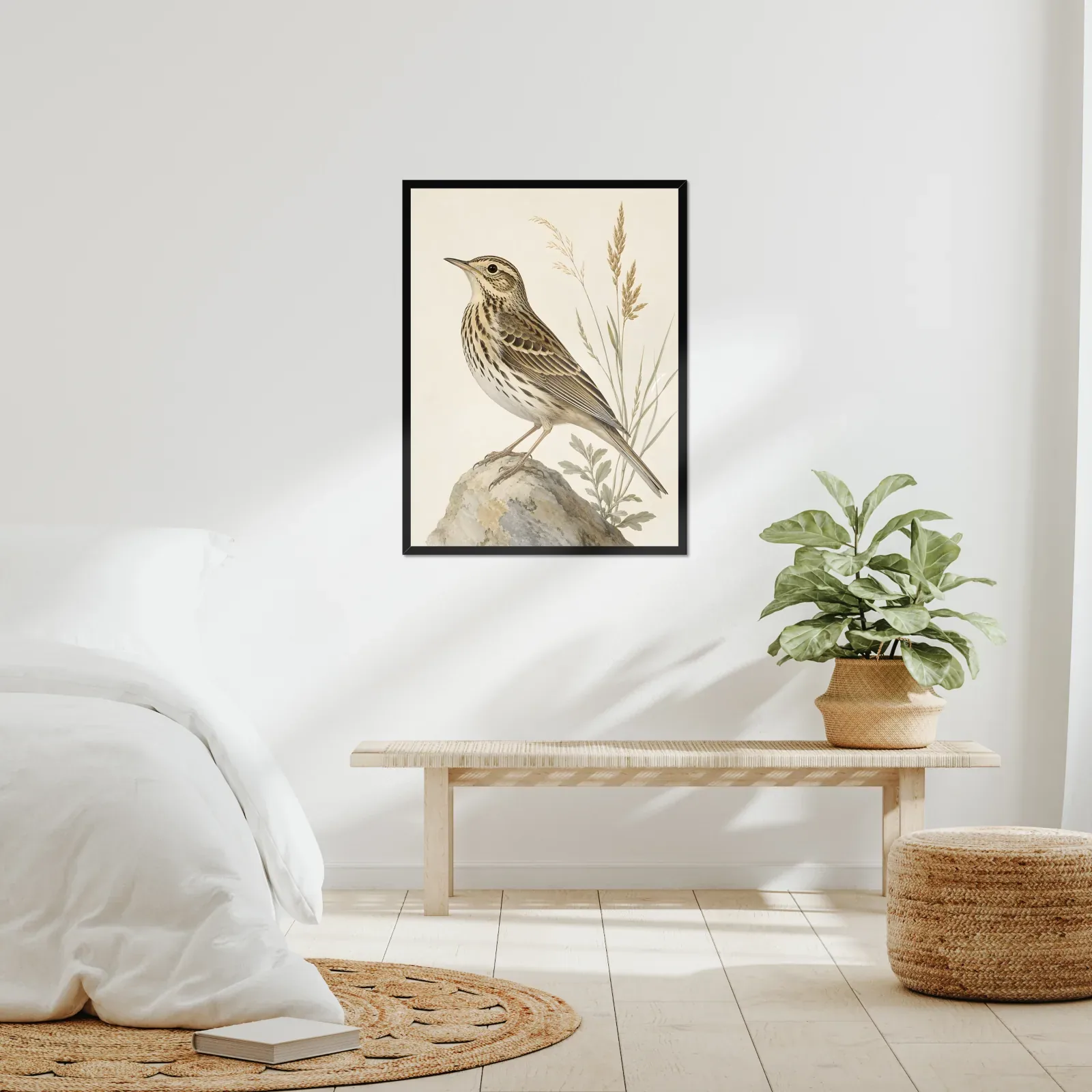 Sprague's Pipit Print framed at 24x30 inches, shown on a wall to scale
