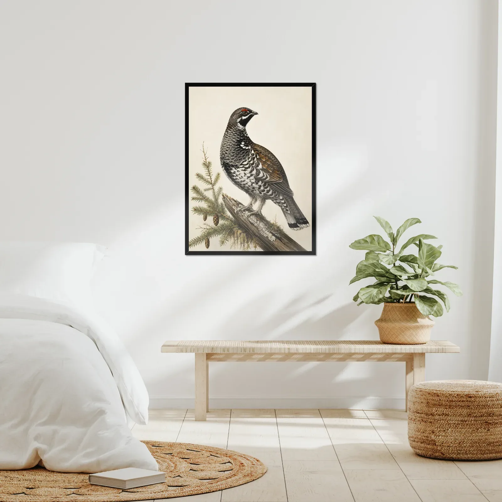 Spruce Grouse Print framed at 24x30 inches, shown on a wall to scale