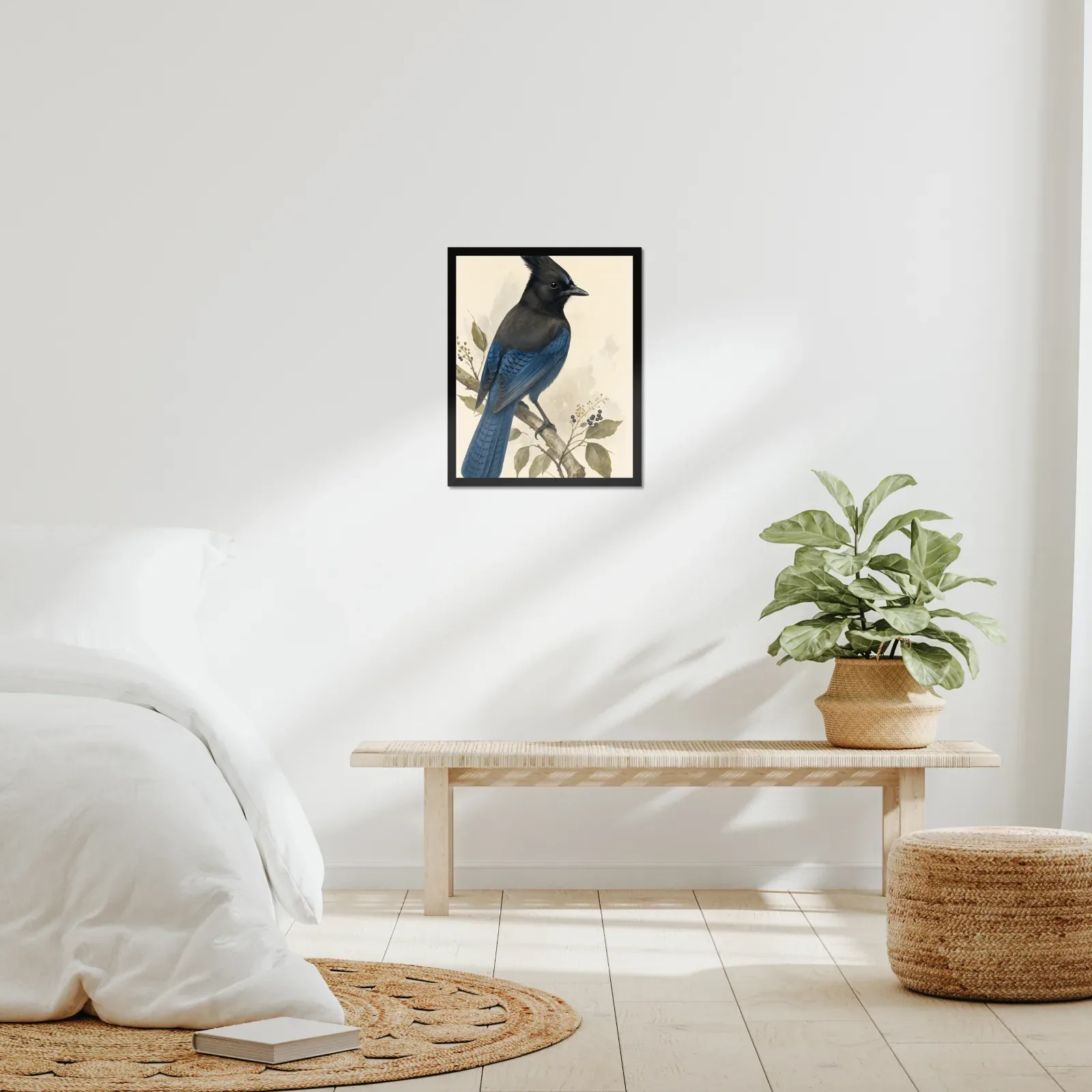 Steller's Jay Print framed at 16x20 inches, shown on a wall to scale