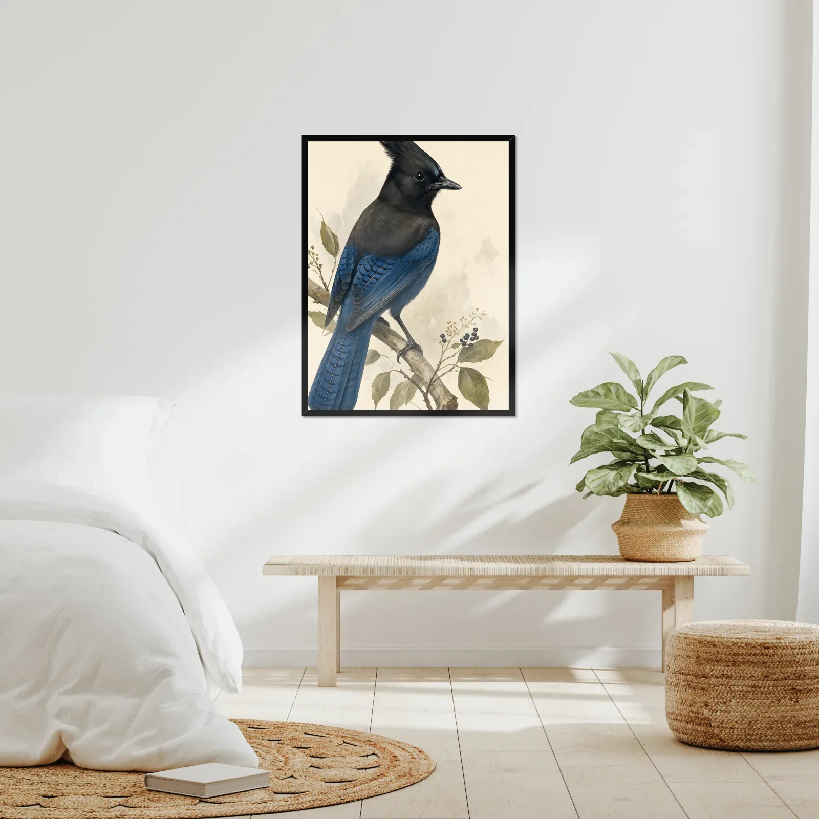 Steller's Jay Print framed at 24x30 inches, shown on a wall to scale