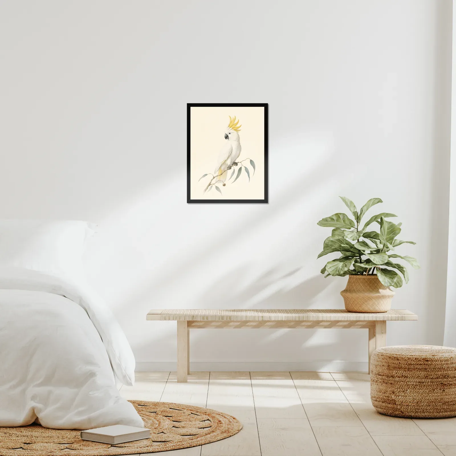 Sulphur-crested Cockatoo Print framed at 16x20 inches, shown on a wall to scale
