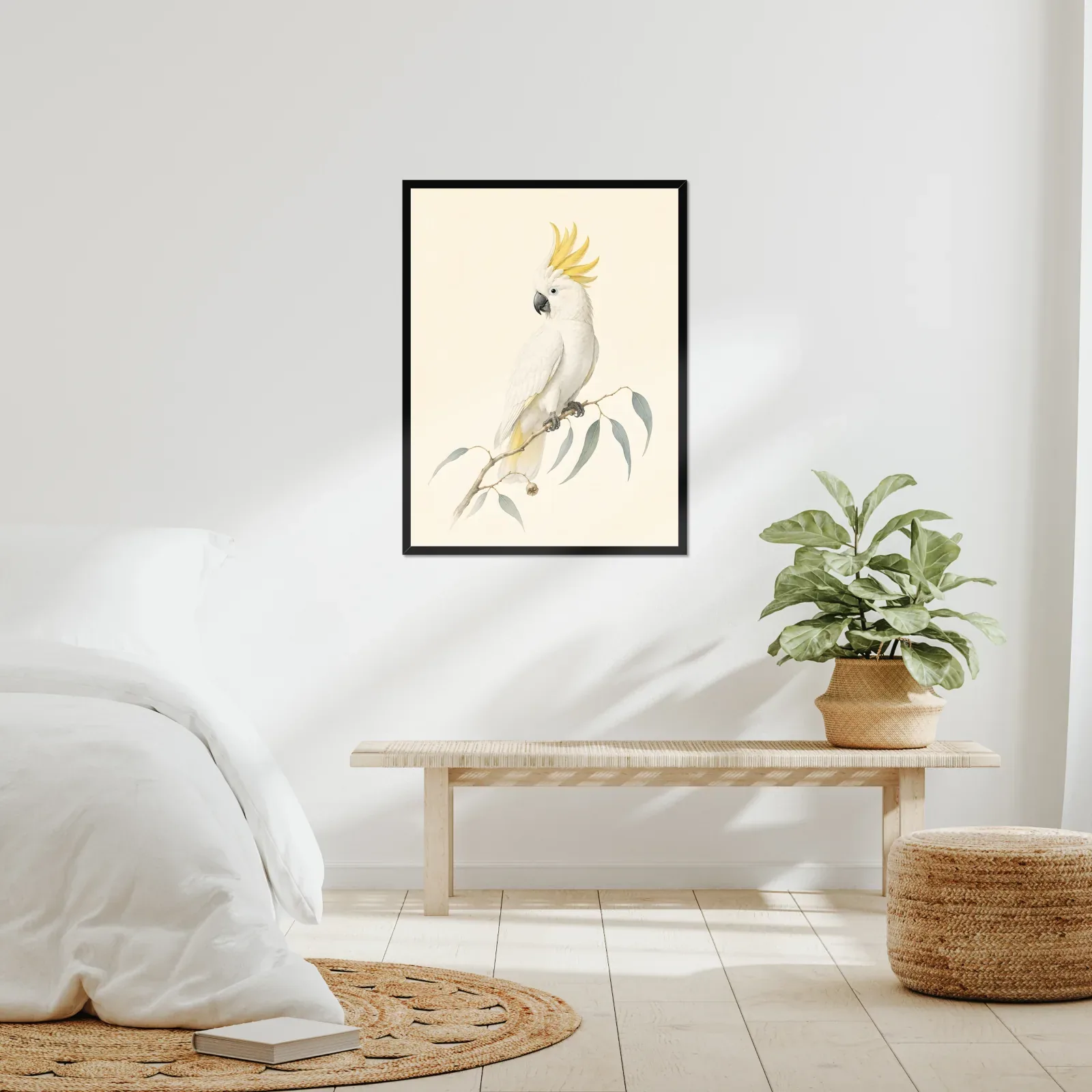 Sulphur-crested Cockatoo Print framed at 24x30 inches, shown on a wall to scale