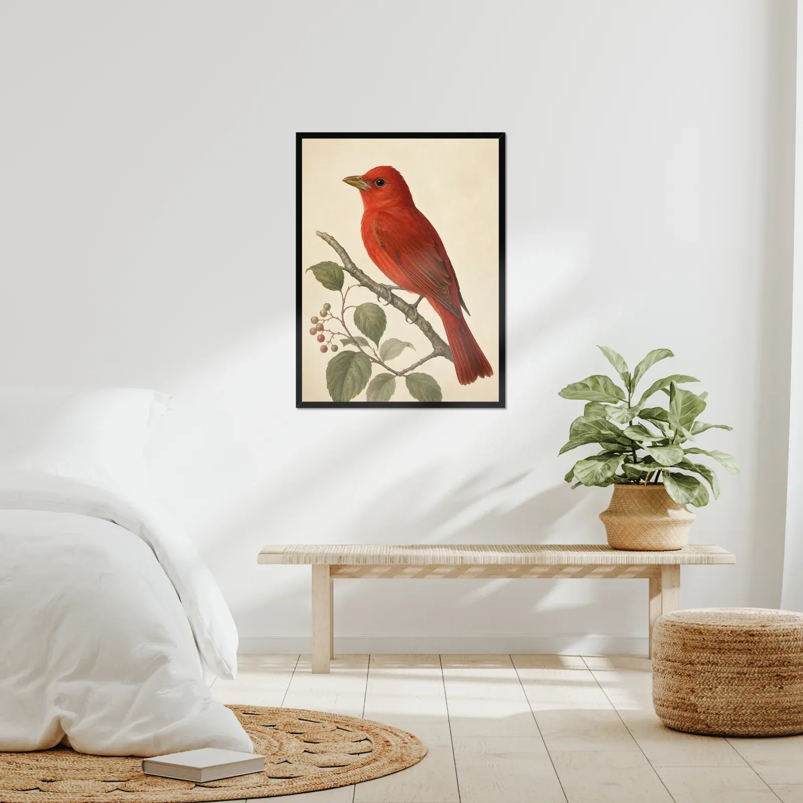 Summer Tanager Print framed at 24x30 inches, shown on a wall to scale