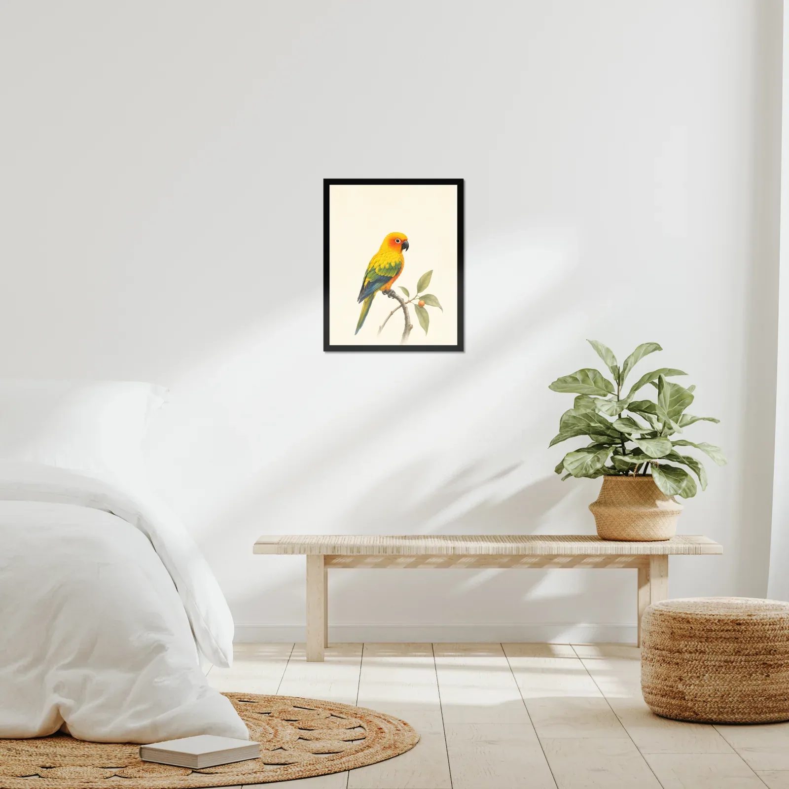 Sun Conure Print framed at 16x20 inches, shown on a wall to scale