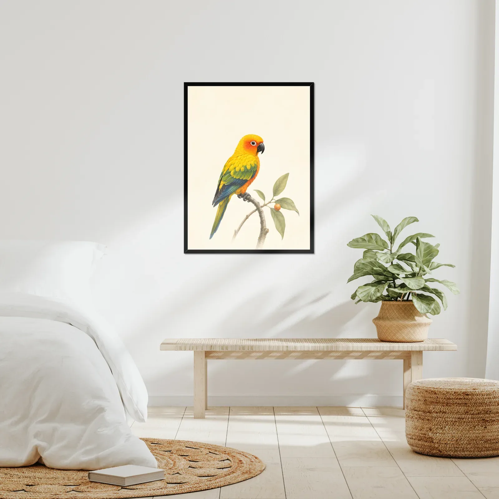 Sun Conure Print framed at 24x30 inches, shown on a wall to scale