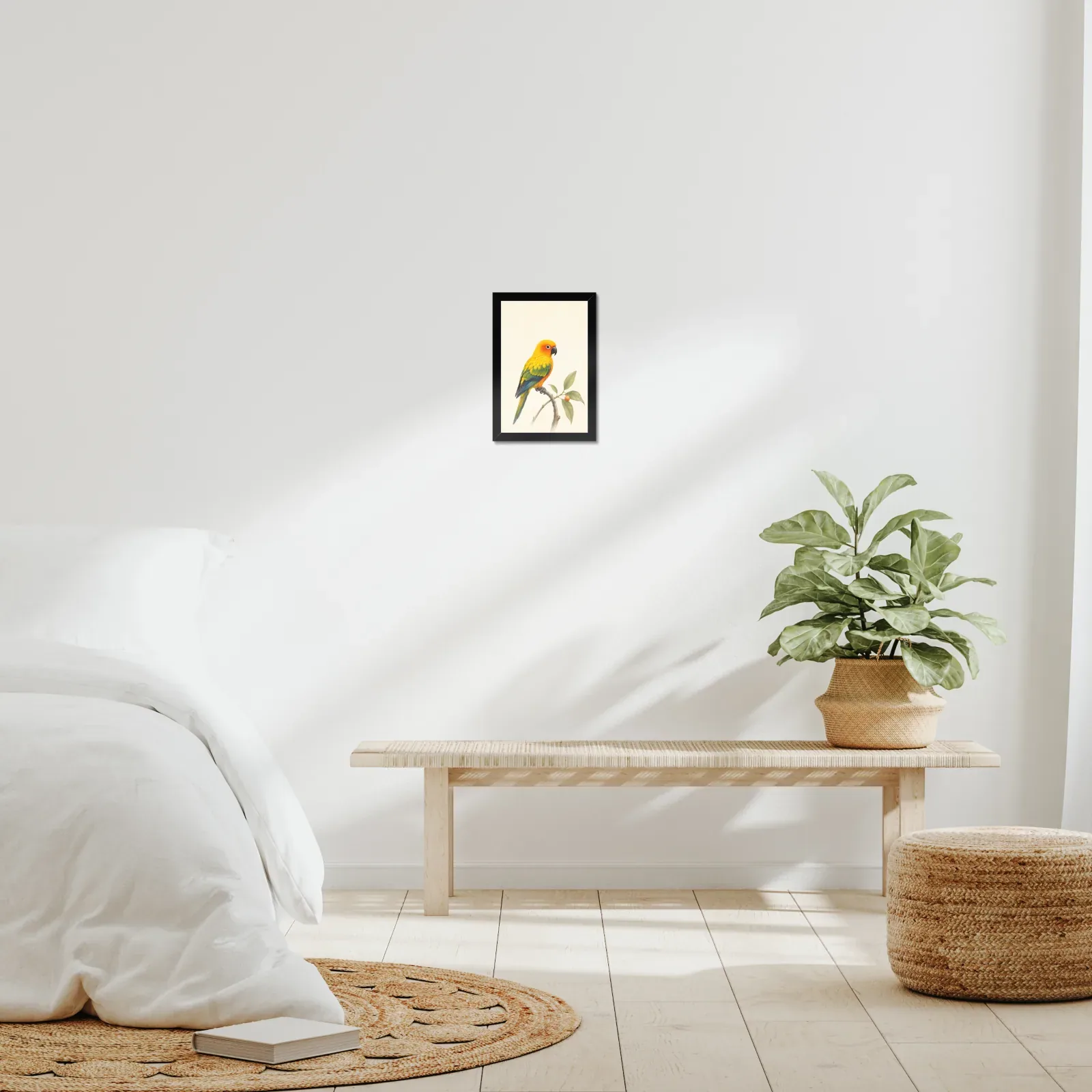 Sun Conure Print framed at 8x10 inches, shown on a wall to scale