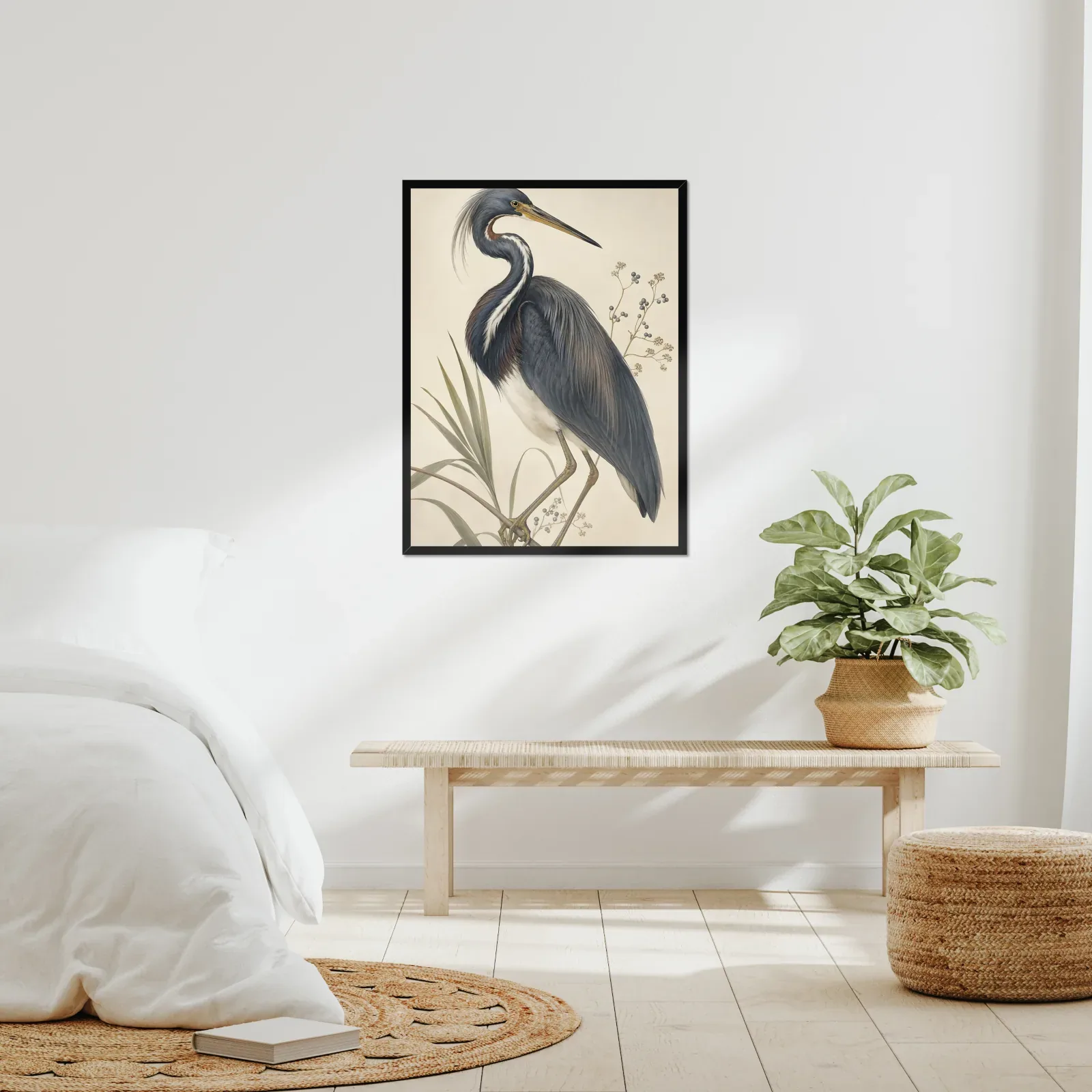 Tricolored Heron Print framed at 24x30 inches, shown on a wall to scale