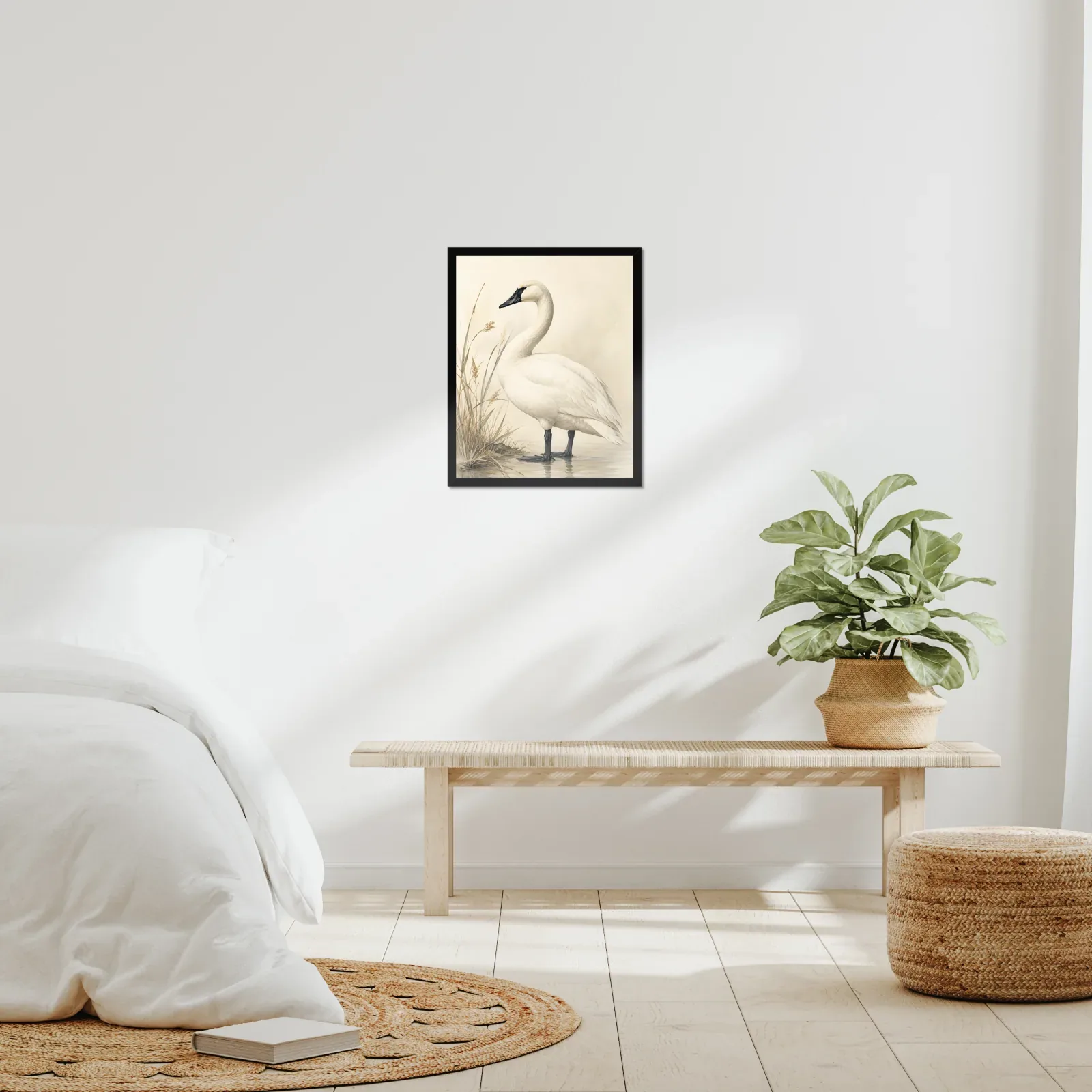 Trumpeter Swan Print framed at 16x20 inches, shown on a wall to scale