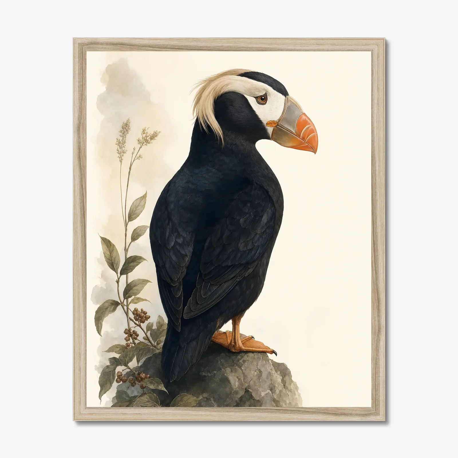 Tufted Puffin Print in a natural frame