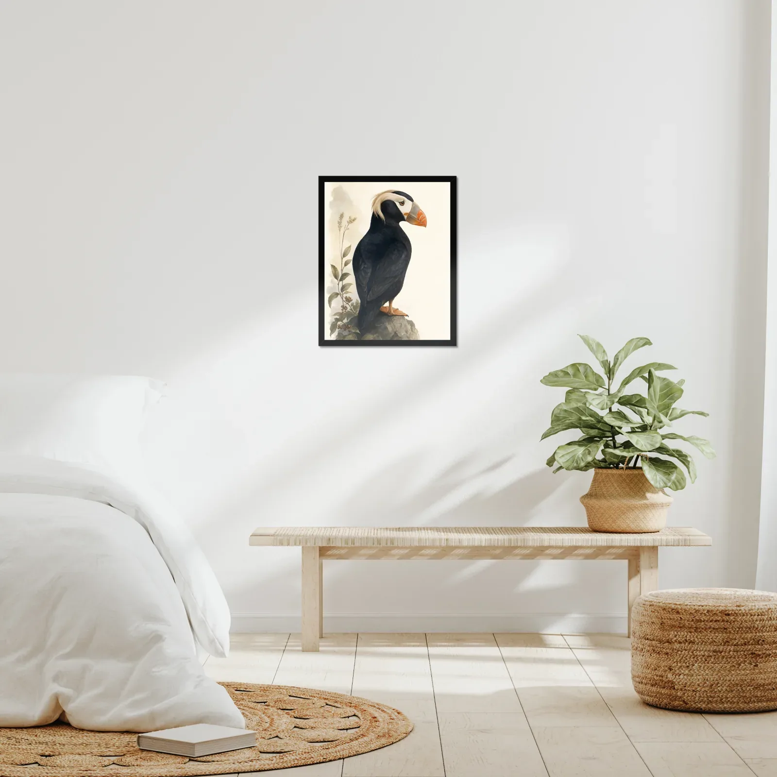 Tufted Puffin Print framed at 16x20 inches, shown on a wall to scale