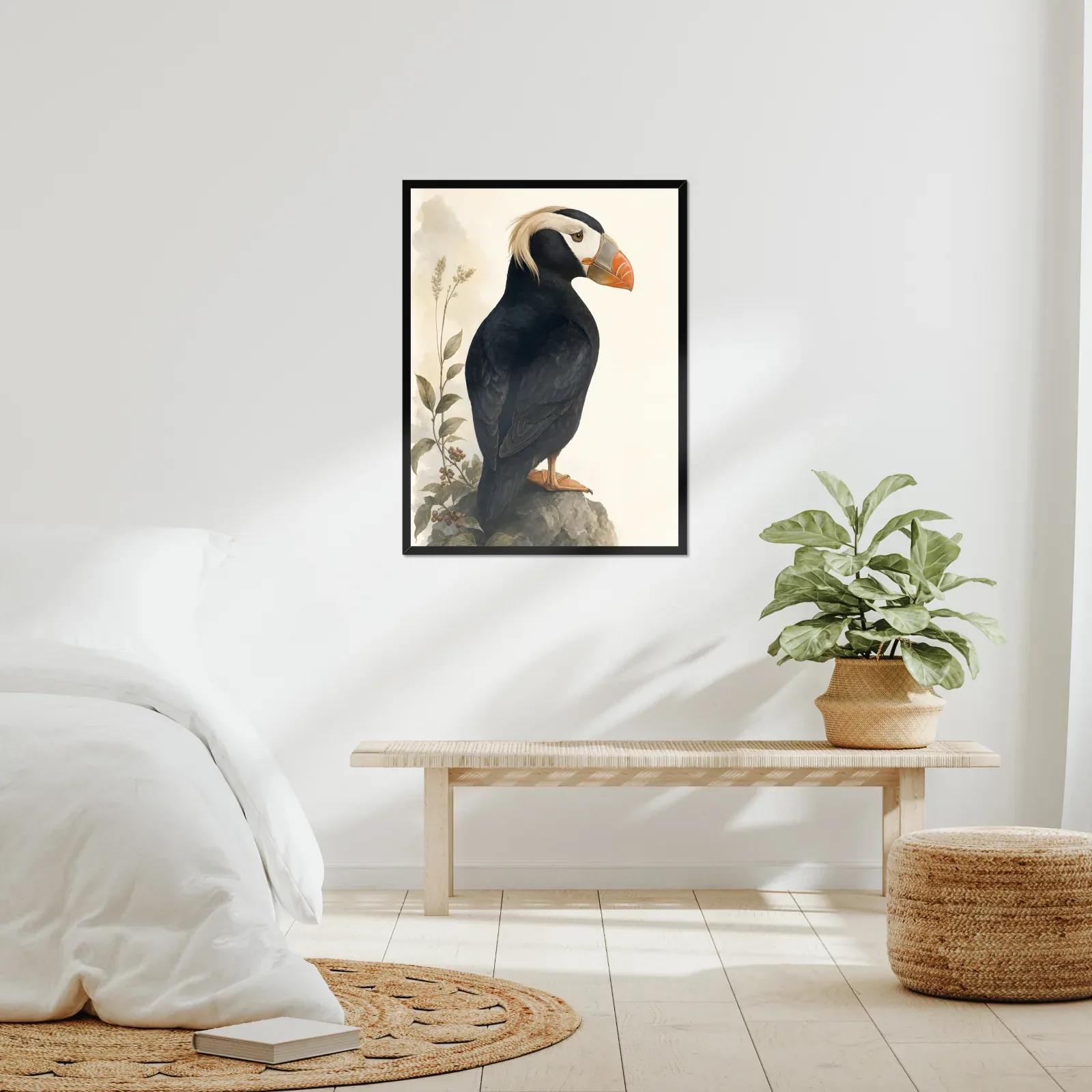 Tufted Puffin Print framed at 24x30 inches, shown on a wall to scale