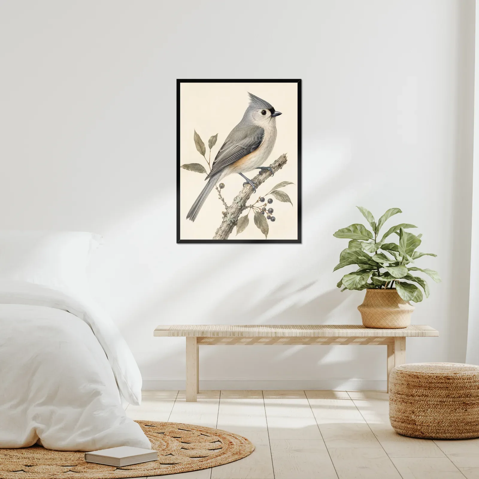Tufted Titmouse Print framed at 24x30 inches, shown on a wall to scale