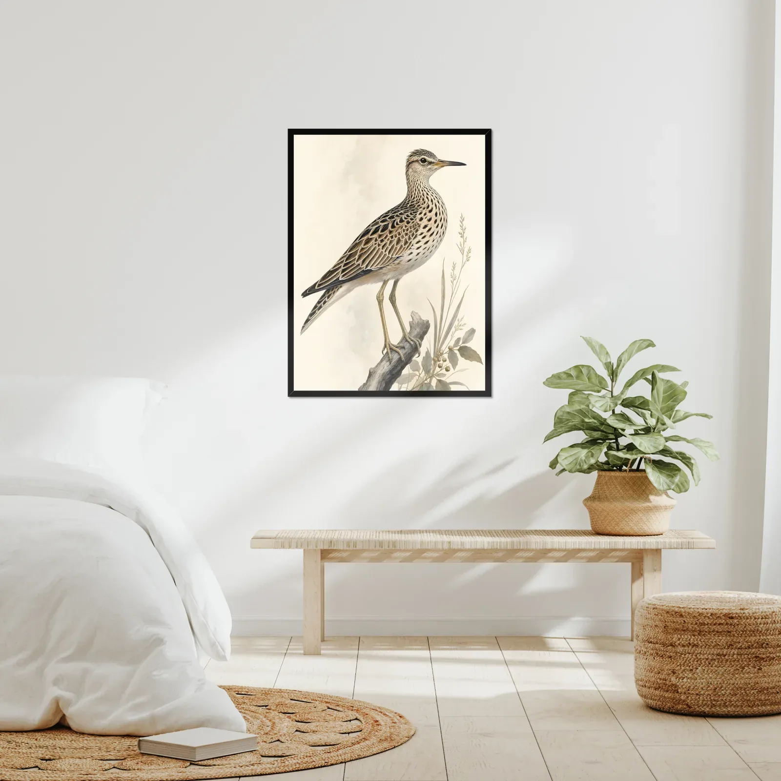 Upland Sandpiper Print framed at 24x30 inches, shown on a wall to scale