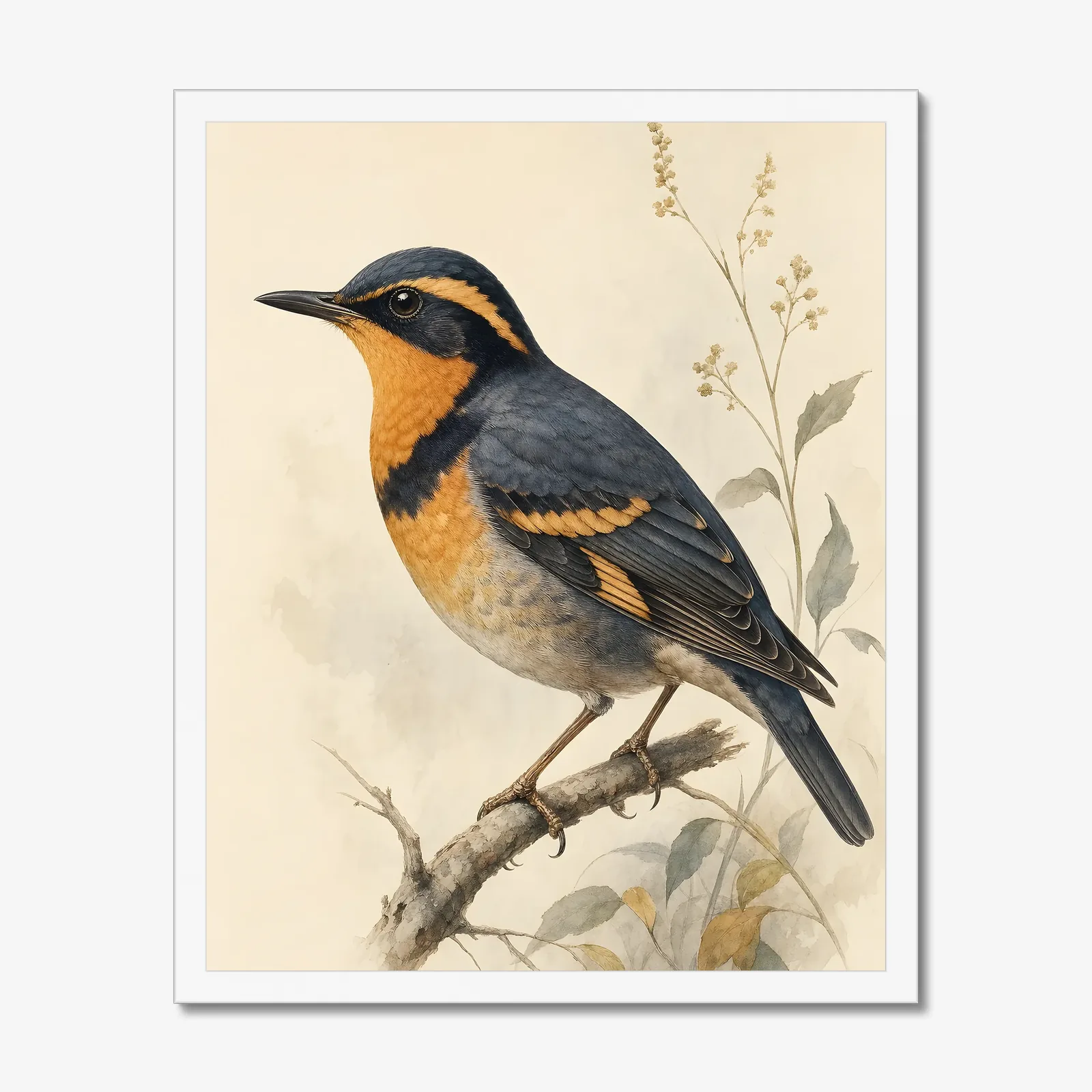 Varied Thrush Print in a white frame