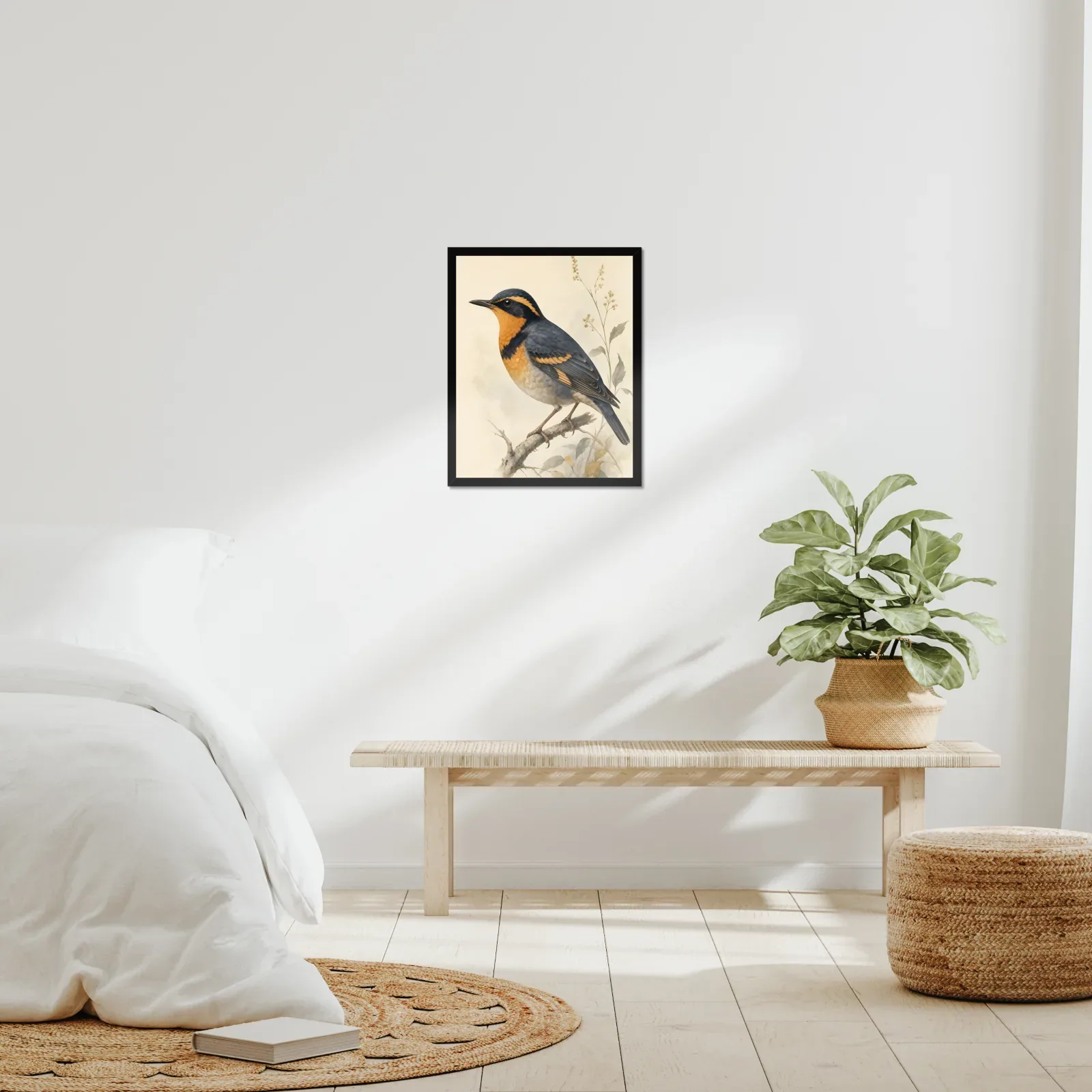 Varied Thrush Print framed at 16x20 inches, shown on a wall to scale