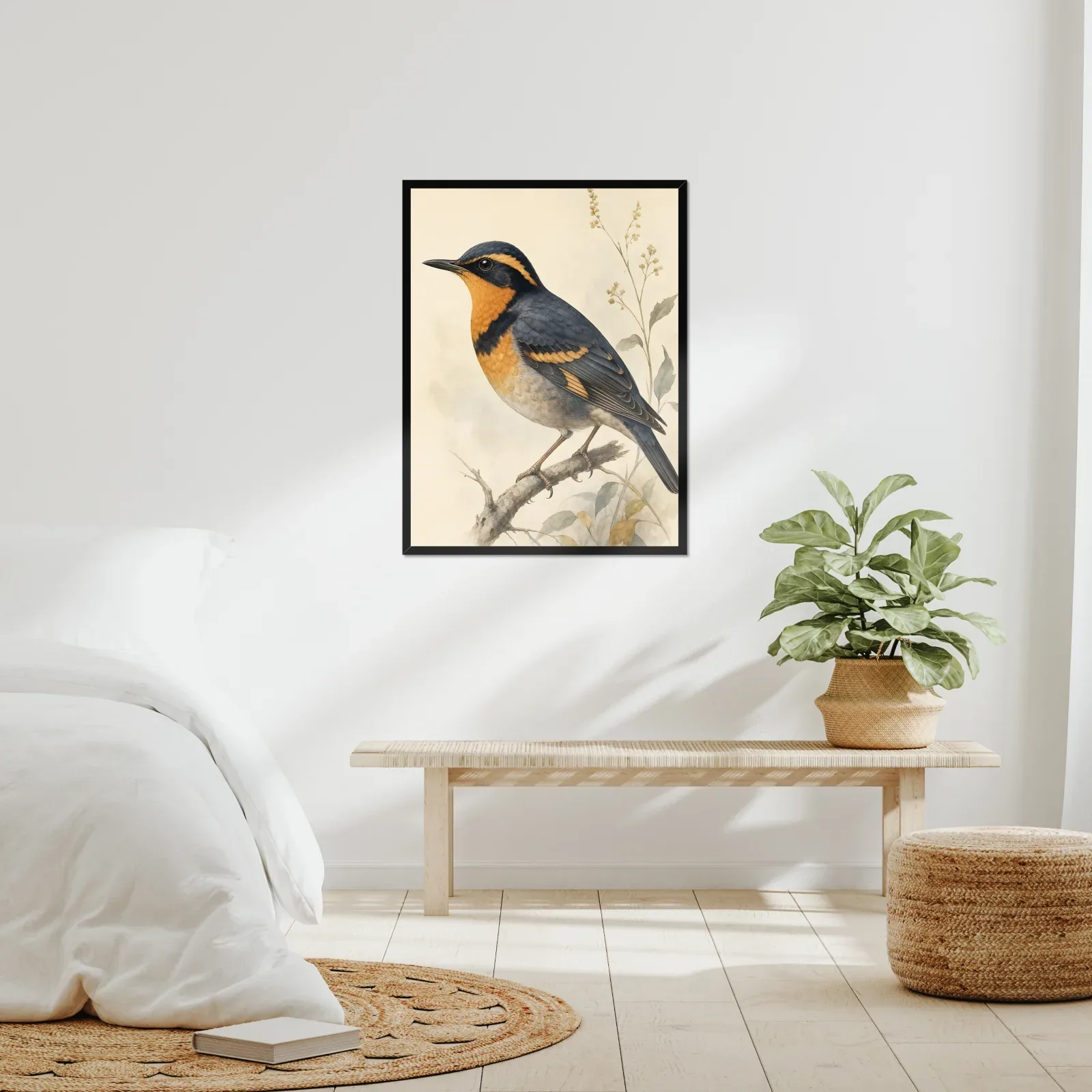 Varied Thrush Print framed at 24x30 inches, shown on a wall to scale
