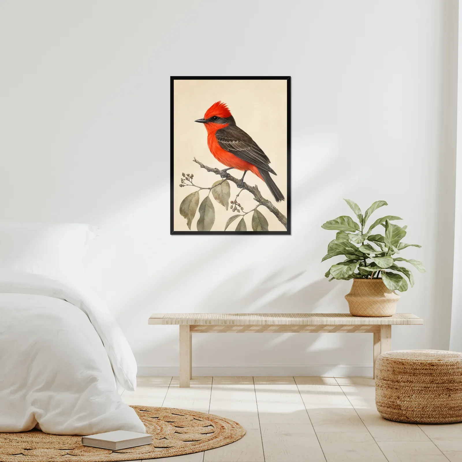 Vermilion Flycatcher Print framed at 24x30 inches, shown on a wall to scale