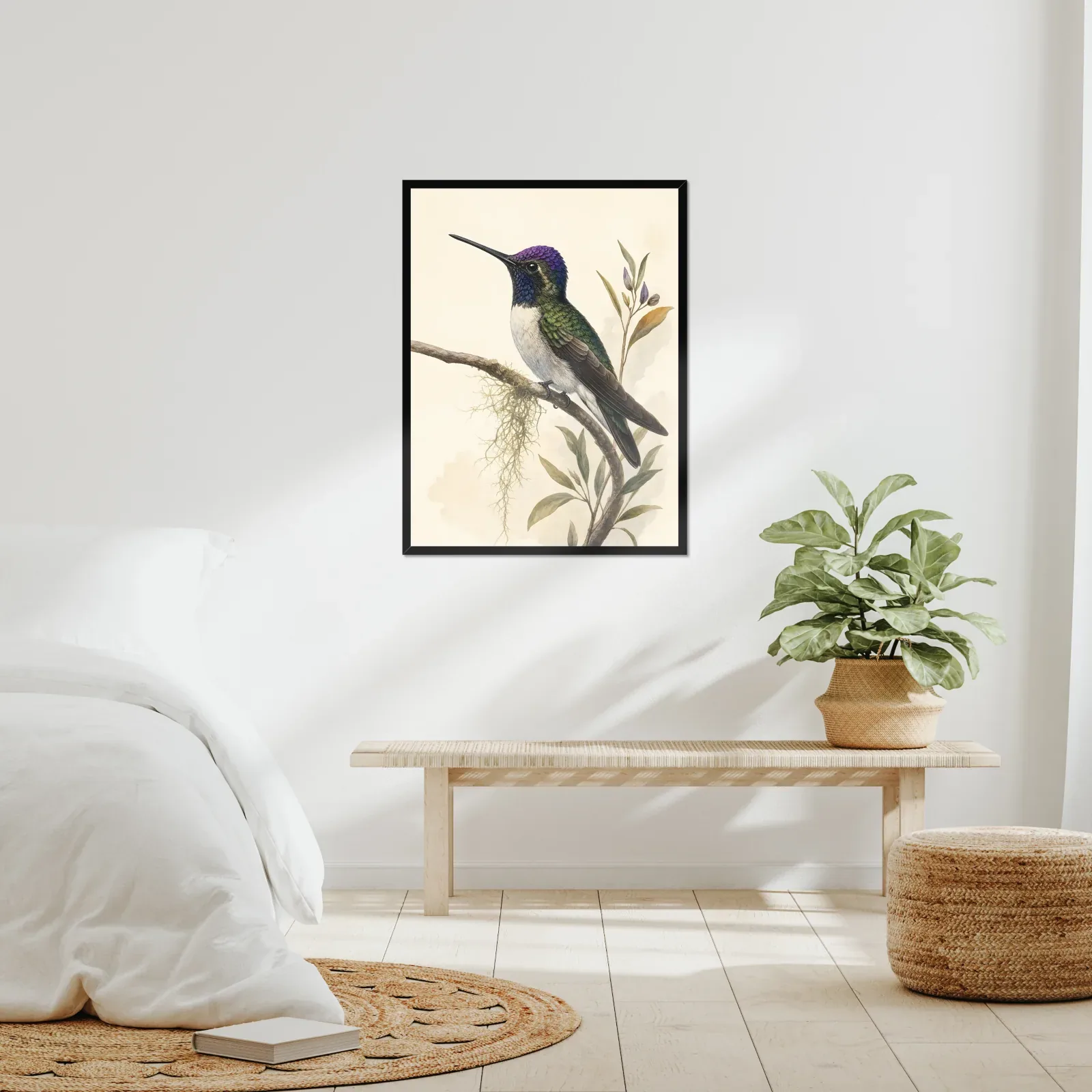 Violet-crowned Hummingbird Print framed at 24x30 inches, shown on a wall to scale