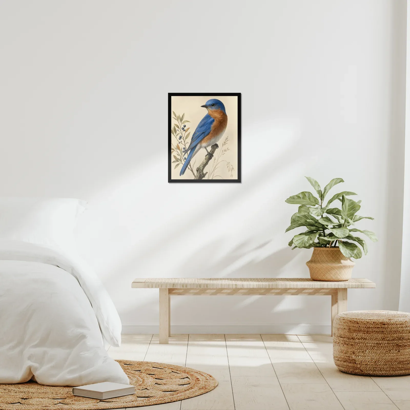 Western Bluebird Print framed at 16x20 inches, shown on a wall to scale